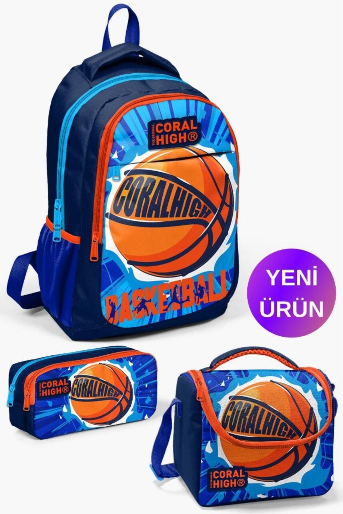 Kids Navy Blue Blue Basketball Pattern 3-Piece School Bag Set GOSET0114405