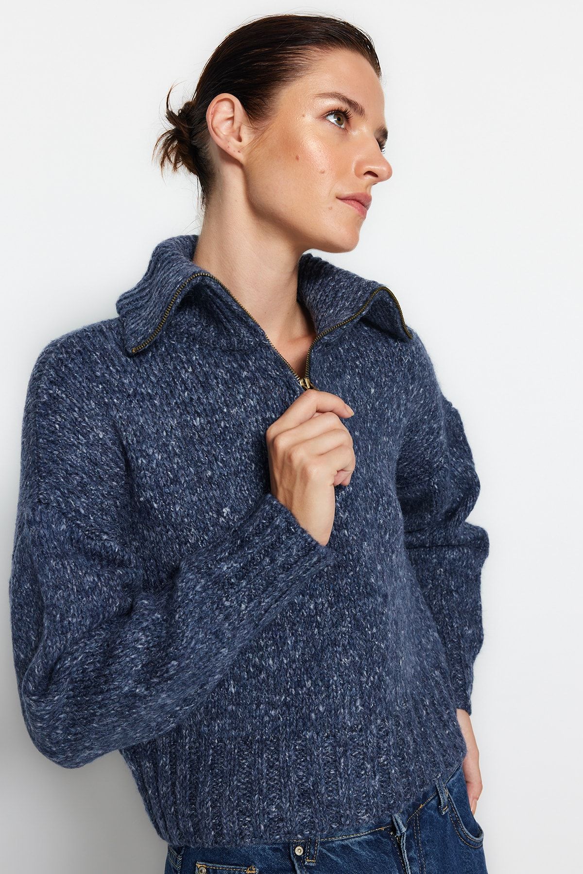 Trendyol Collection Niebieski, Szeroki, Bawełniany Sweter Z Gradientową Dzianiną Kobieta - L