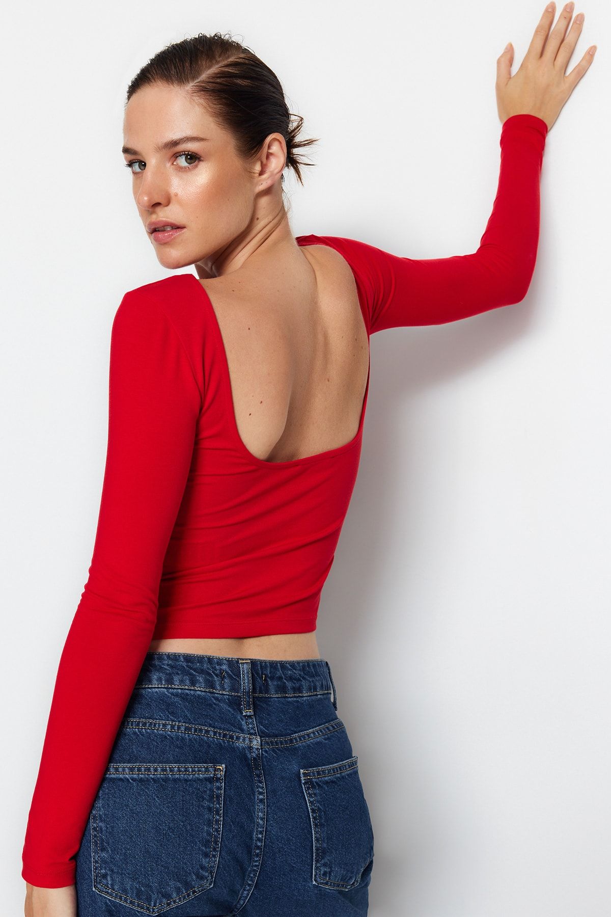 Sateen Bodysuit Blouse with Feather Sleeve Detail - Coral - Trendyol