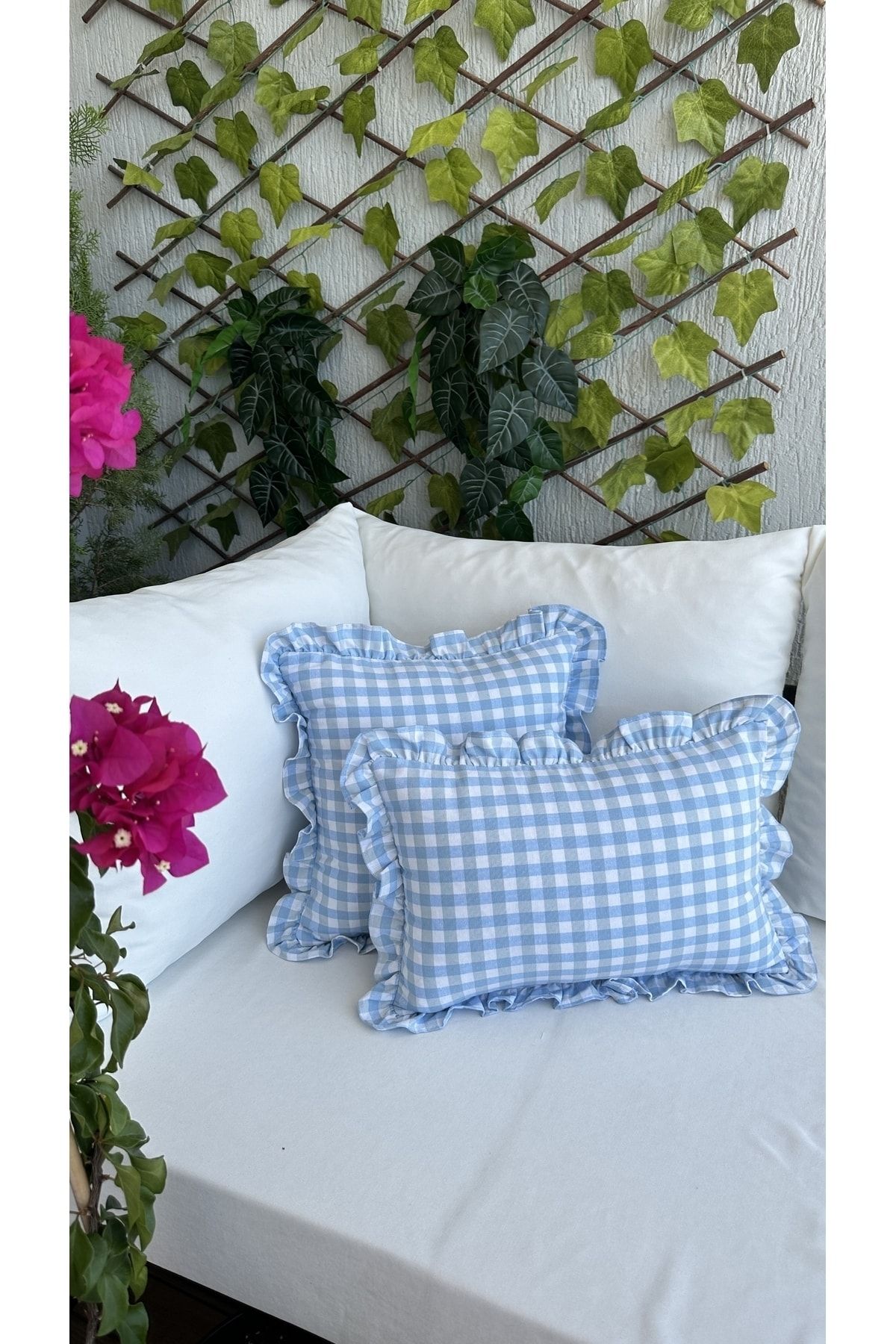 Blue gingham throw sales pillows