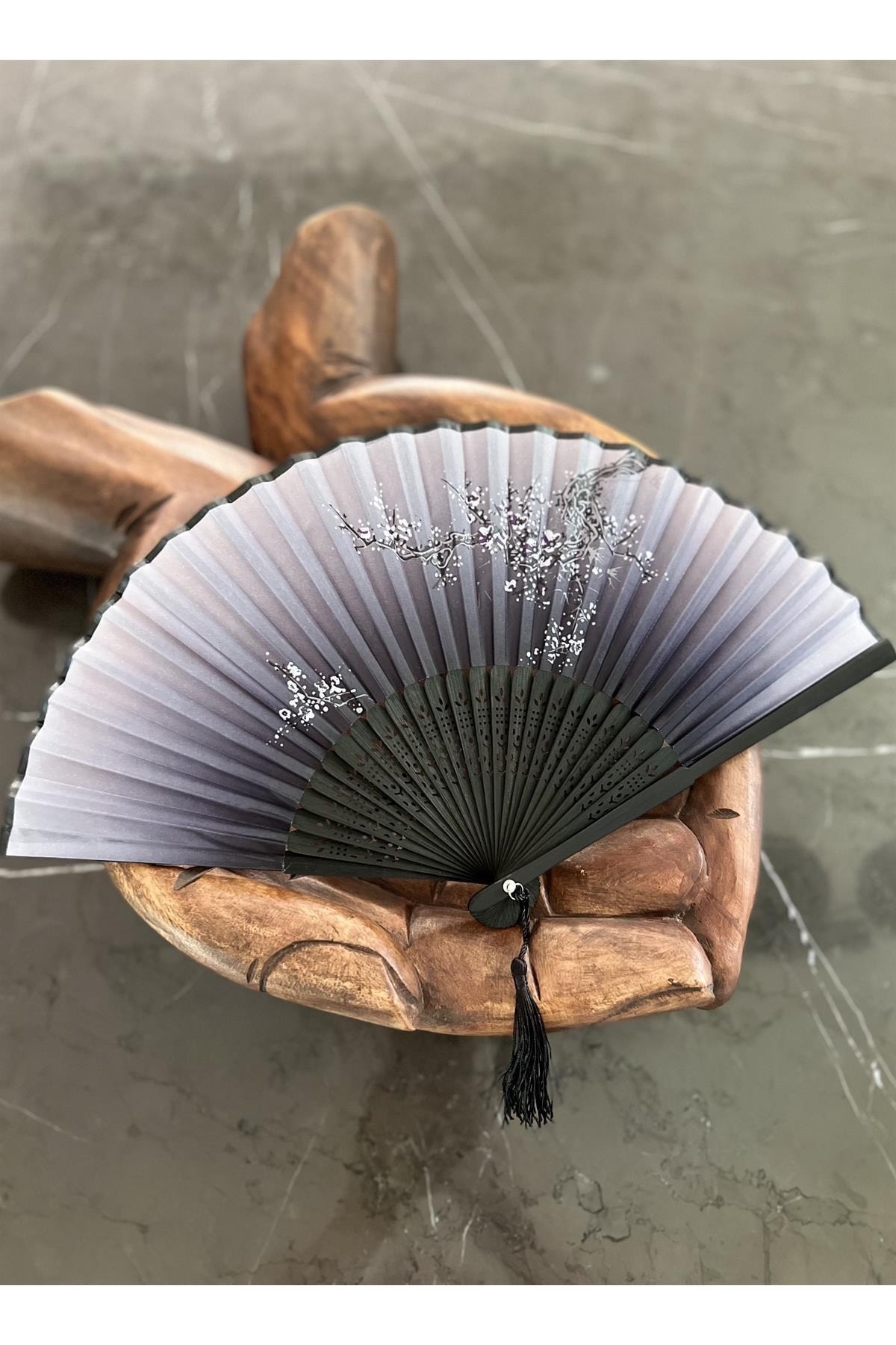Fan Bamboo Vintage Black Spring Branch Pattern Stylish Tassel Japanese Fan 0327