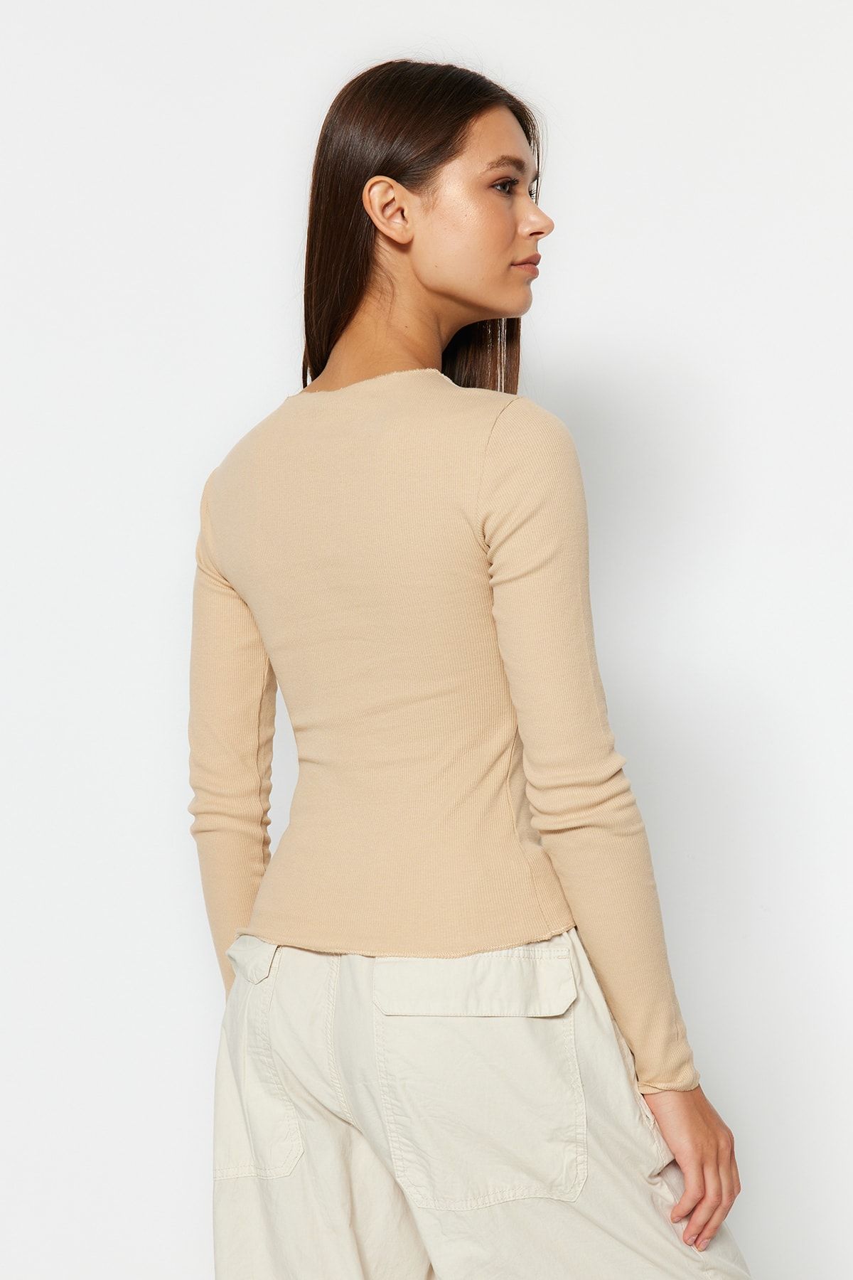 Trendyol Collection-Μπεζ με ραβδώσεις με λαιμόκοψη βαμβακερή πλεκτή μπλούζα TWOAW24BZ00066 5