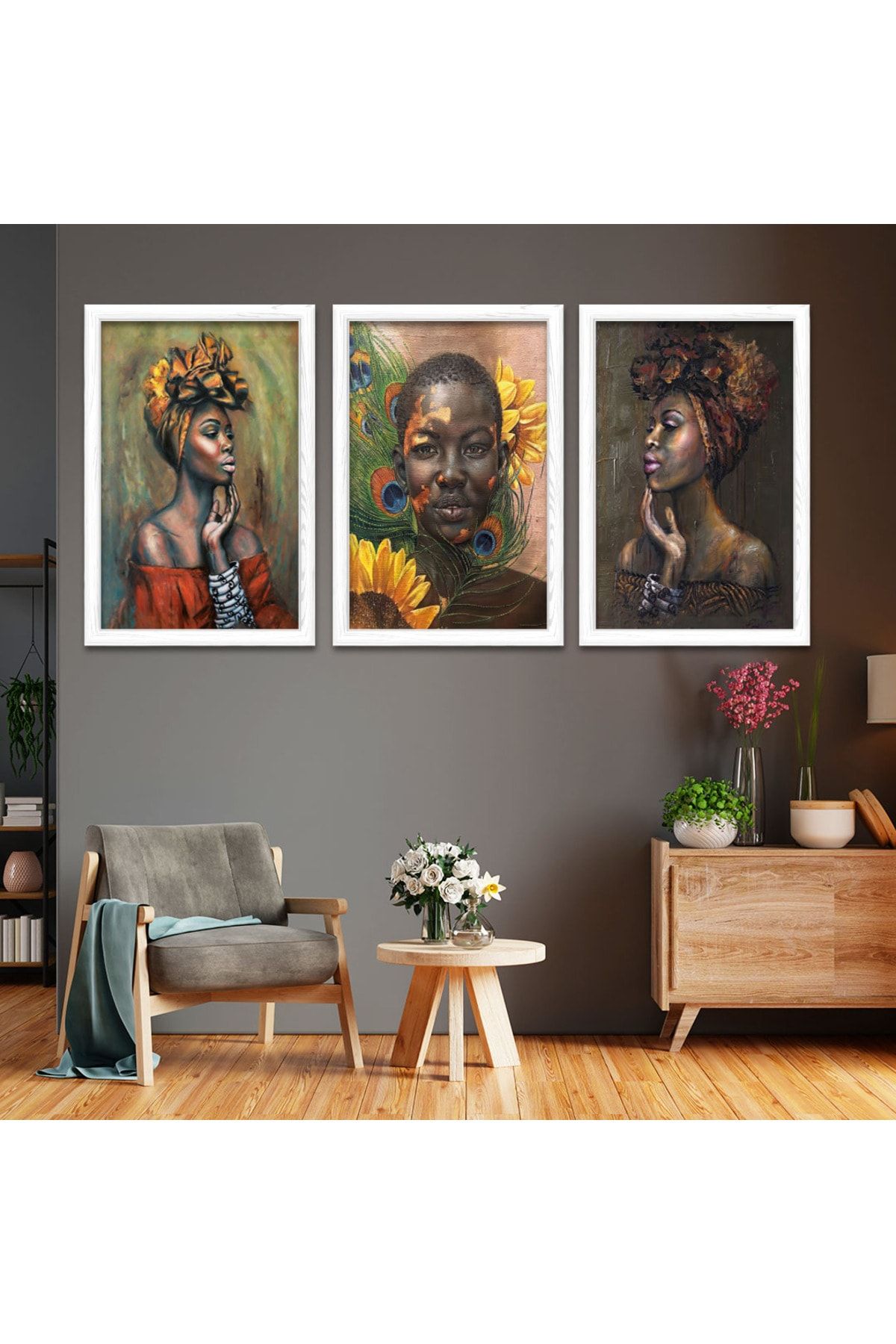 Zevahir Mobilya Dekorasyon Tablou De Fete Africane Cu Rame Din Lemn Alb - 30 x 40