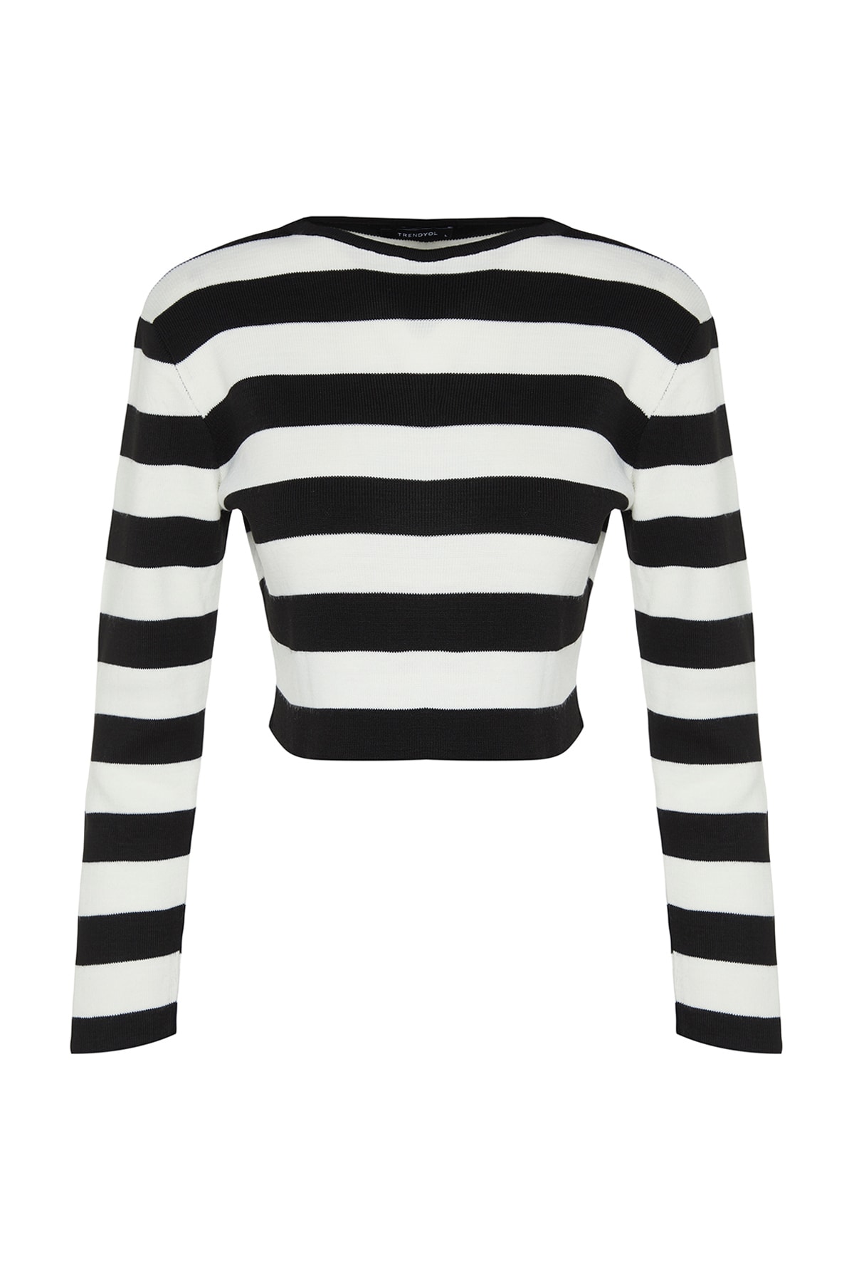 Trendyolmilla  Siyah Crop Basic Çizgili Triko Kazak TWOAW23KZ00034 - Görsel 6