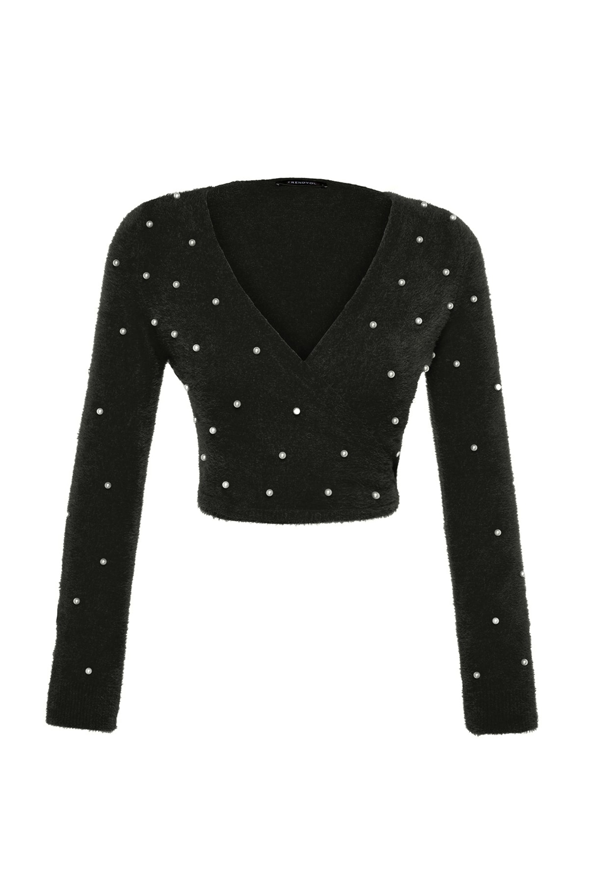 Trendyolmilla  Siyah Süper Crop Tüylü/Sakal İplikli İnci Detaylı Triko Kazak TWOAW24KZ00228 - Görsel 5