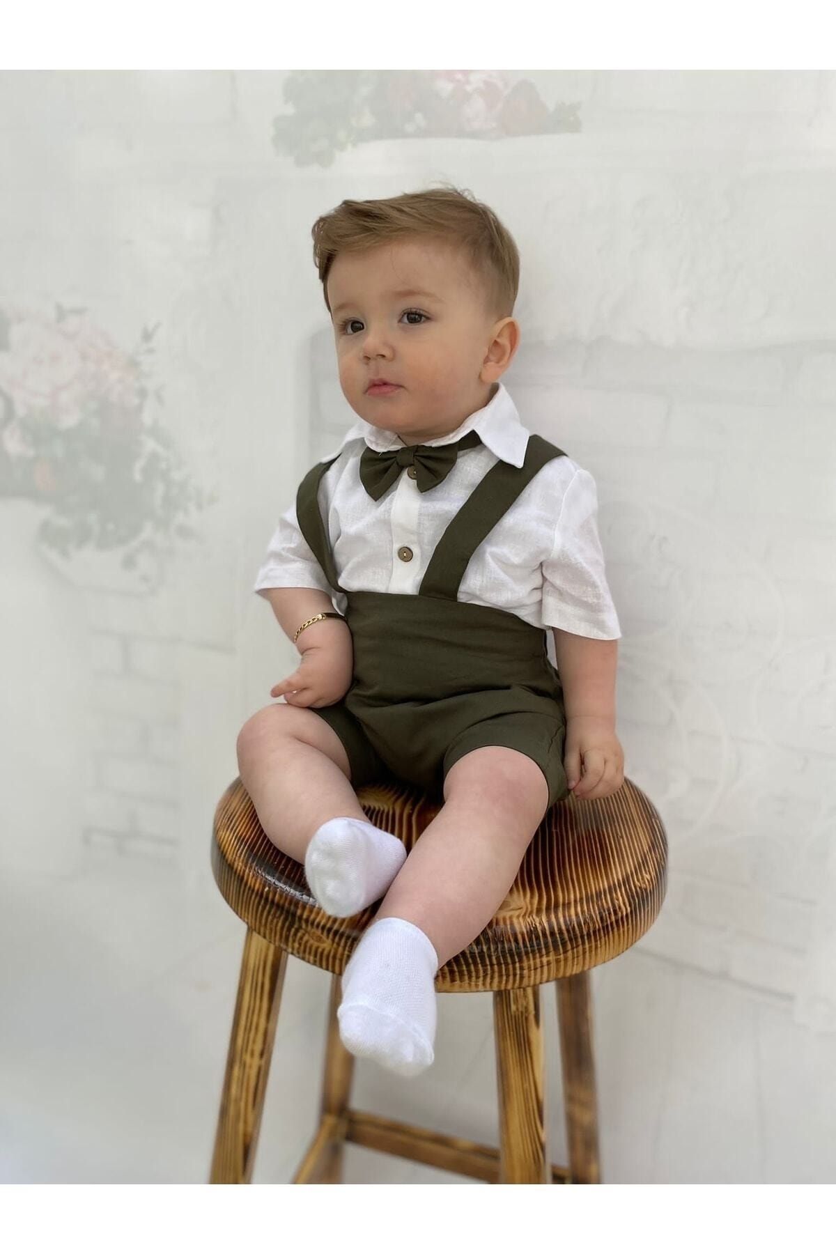 Poplinkids Haki Yeşil Şortlu Slopet Keten Gömlek Ve Papyon Takım  151