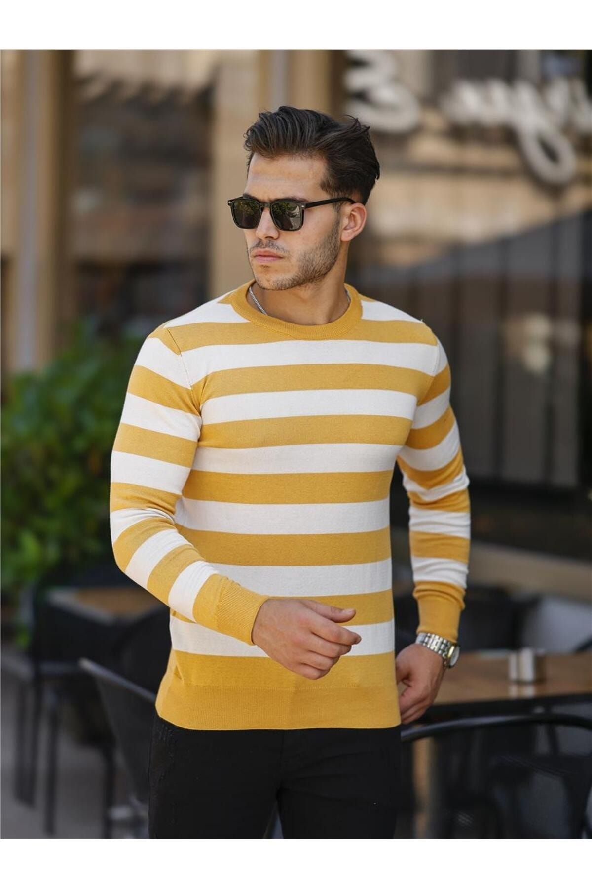 Yellow and white striped sweater store