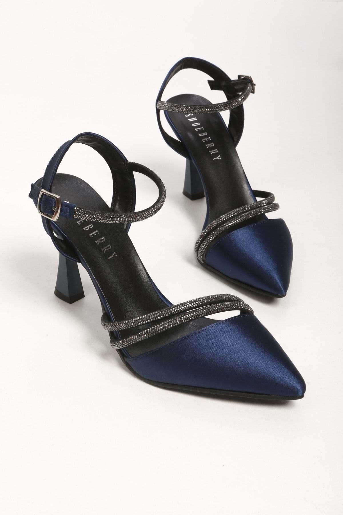 Shoeberry-Women's Madeliyn Navy Blue Satin Stone Heeled Shoes 5