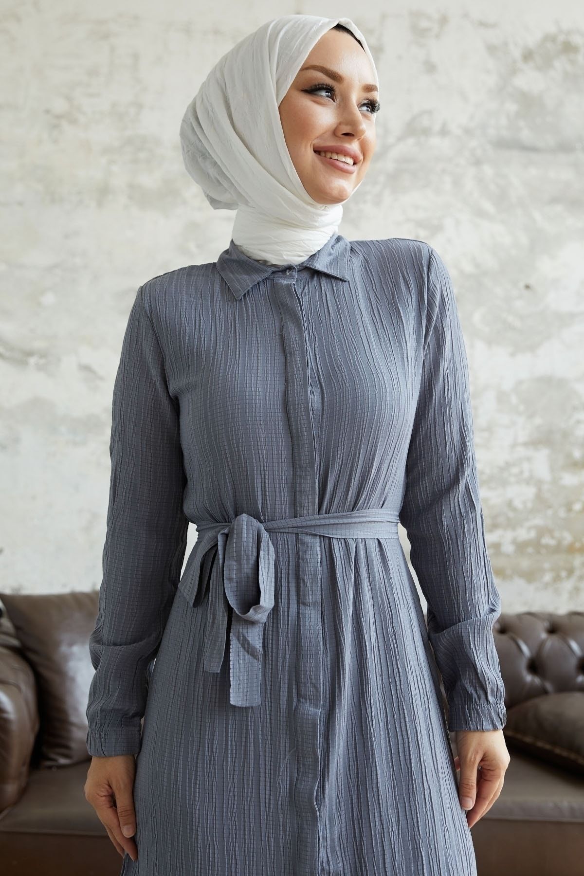 InStyle Nesya Seersucker Dress with Frilled Hem Gray Trendyol