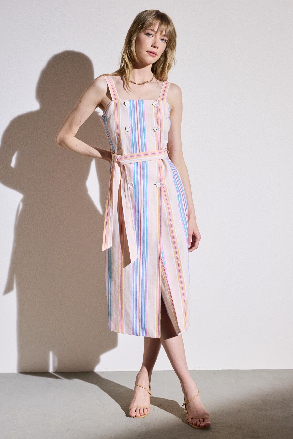 BROOKS BROTHERS Kadın Somon Kare Yaka Blok Çizgili Keten Elbise