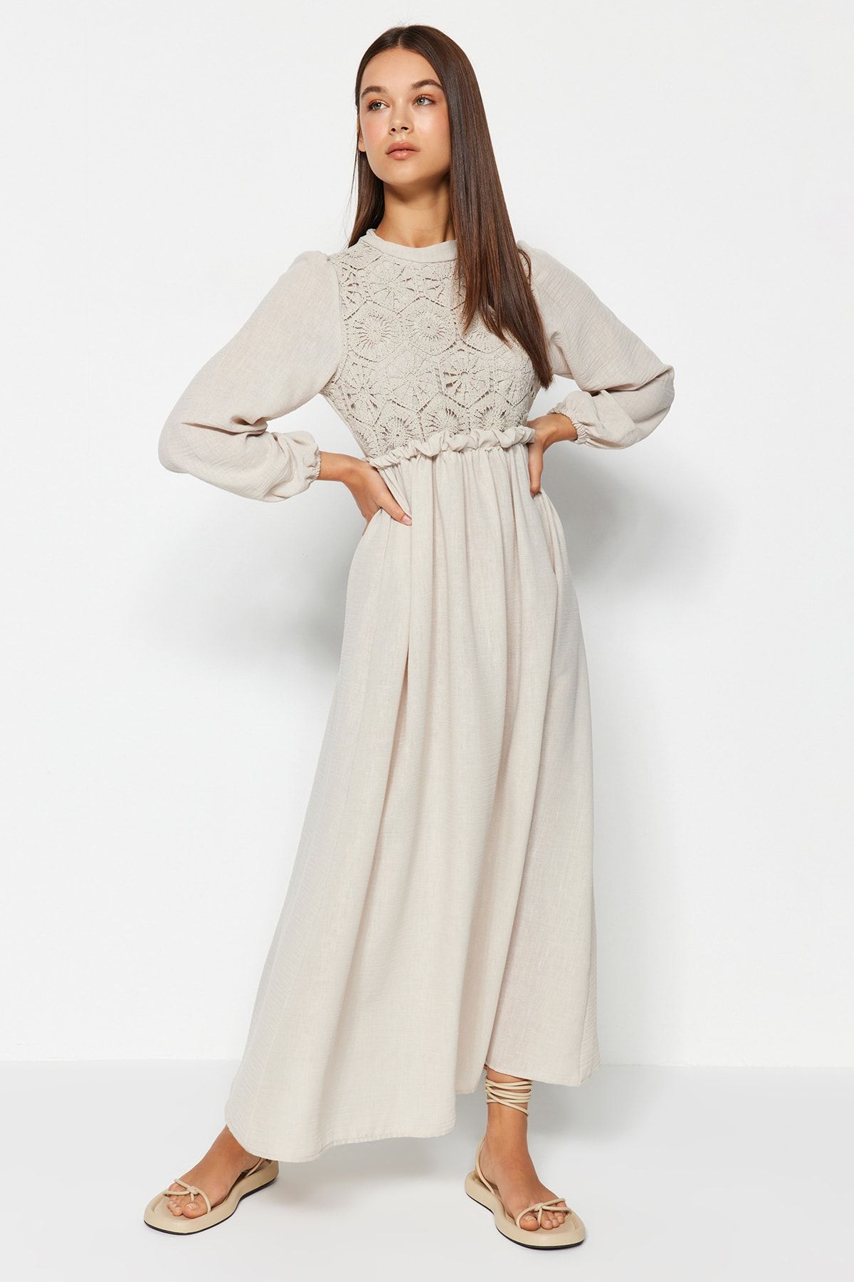 Trendyol Modest-Stone Guipure/Fisto Detail Woven Dress Tctaw24Eb00110 4