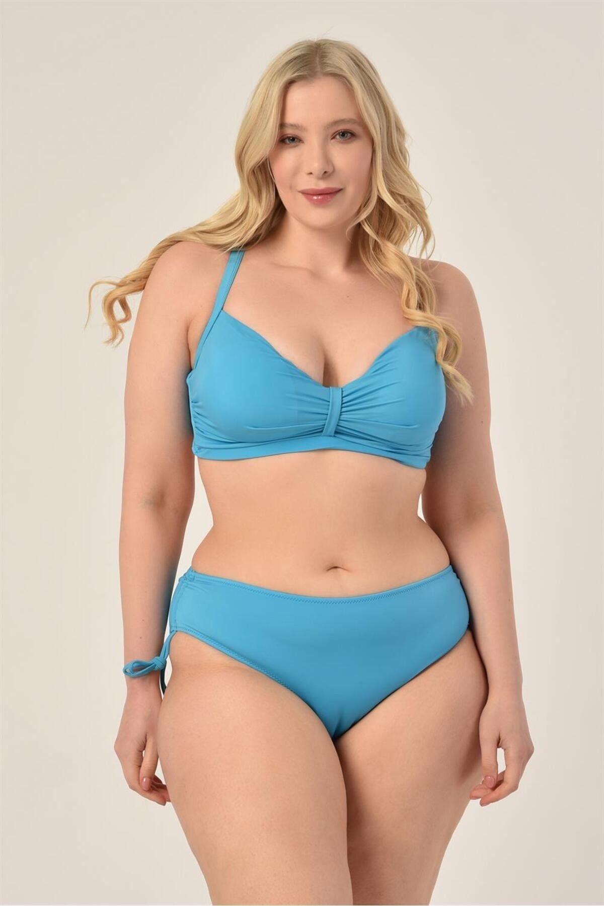 AQUAVİVA Women's Blue Plus Size Sliding Adjustable Strapless Bikini Set -  Trendyol