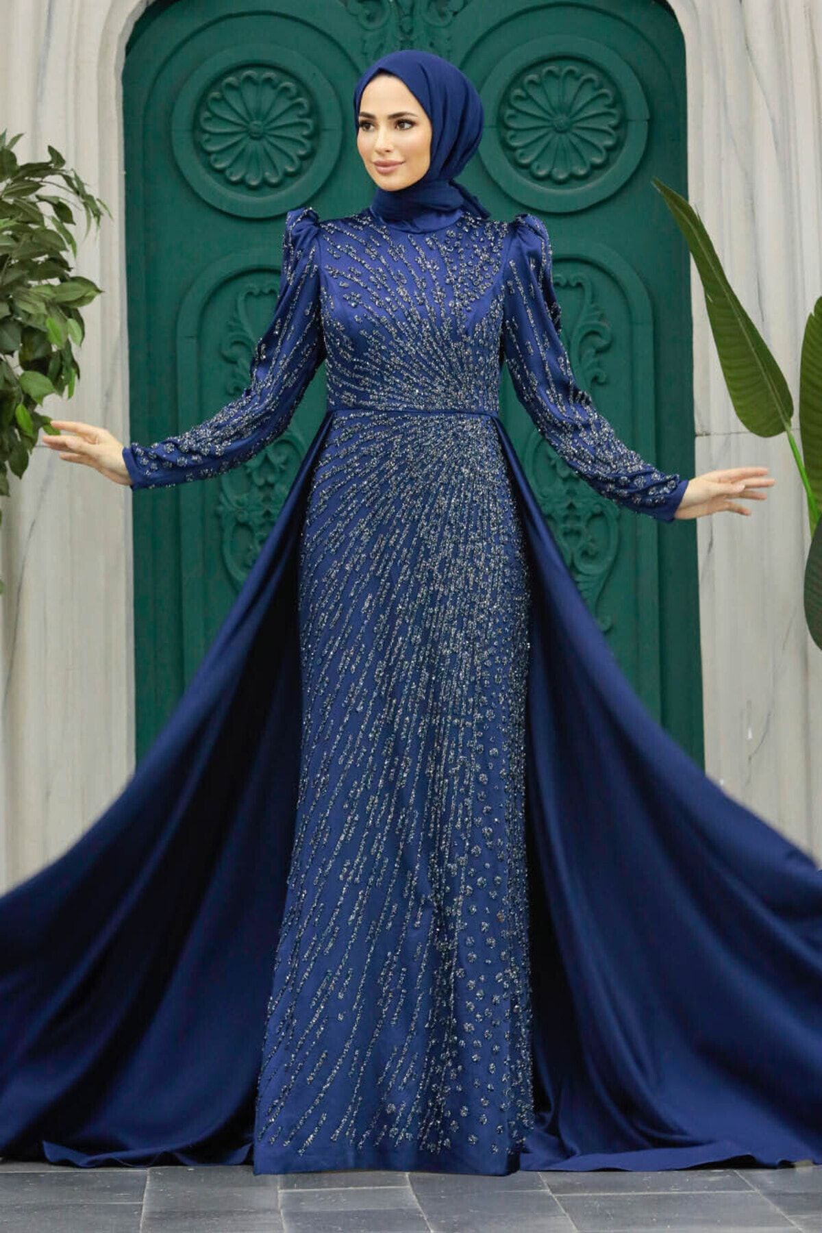 Neva Style Hijab Evening Dress Bead Embroidered Navy Blue Hijab Evening Dress 23310L Trendyol