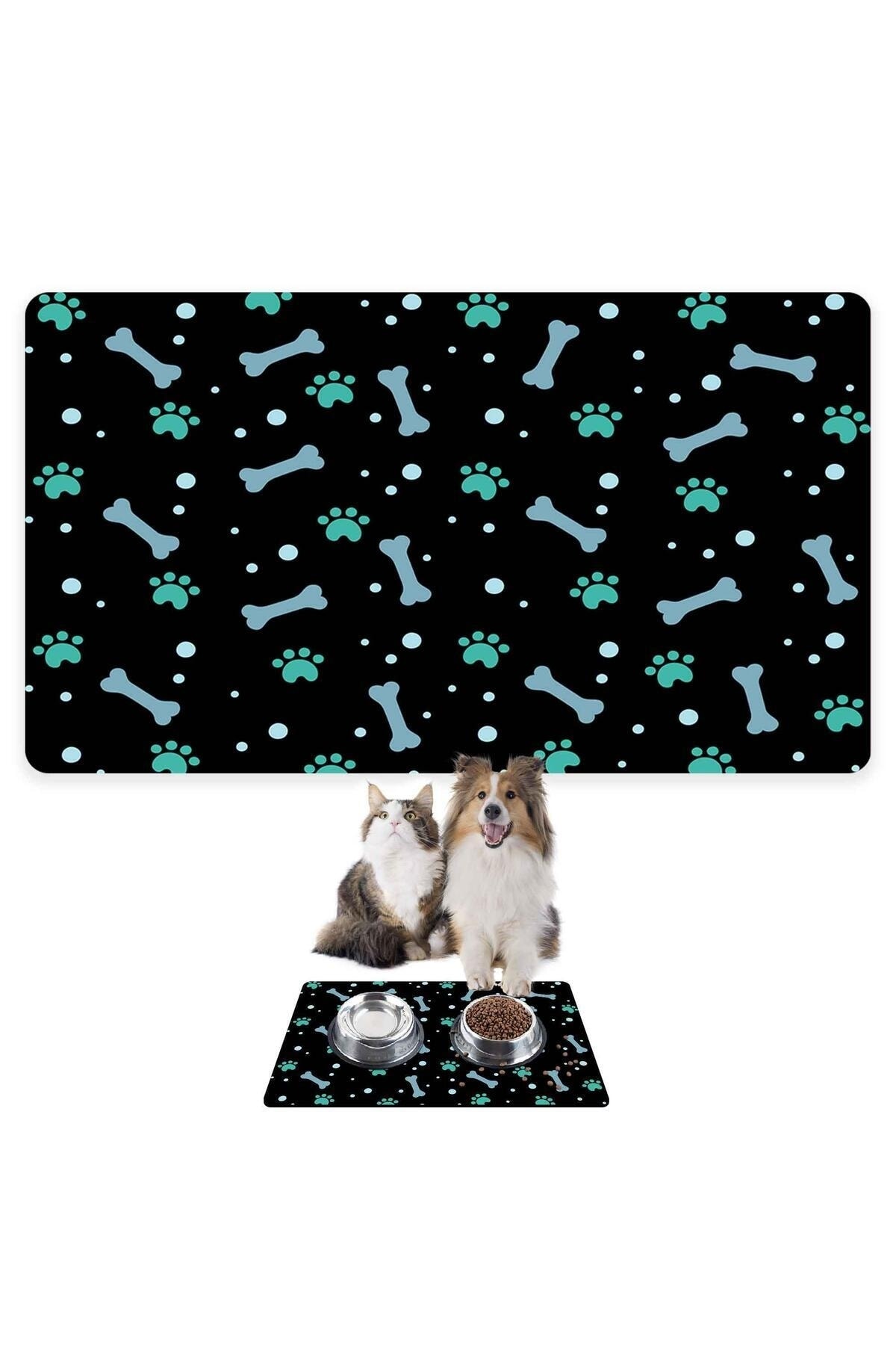 Monnhein Mama Ve Su Evcil Hayvan Beslenme Matı, Kolay Temizlenir, Su Geçirmez( 50x35, Siyah Yeşil Kemik)