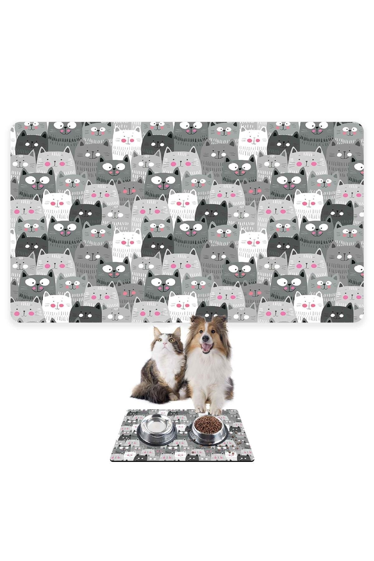 Monnhein Mama Ve Su Evcil Hayvan Beslenme Matı, Kolay Temizlenir, Su Geçirmez (50X35, GRİ KEDİLER)