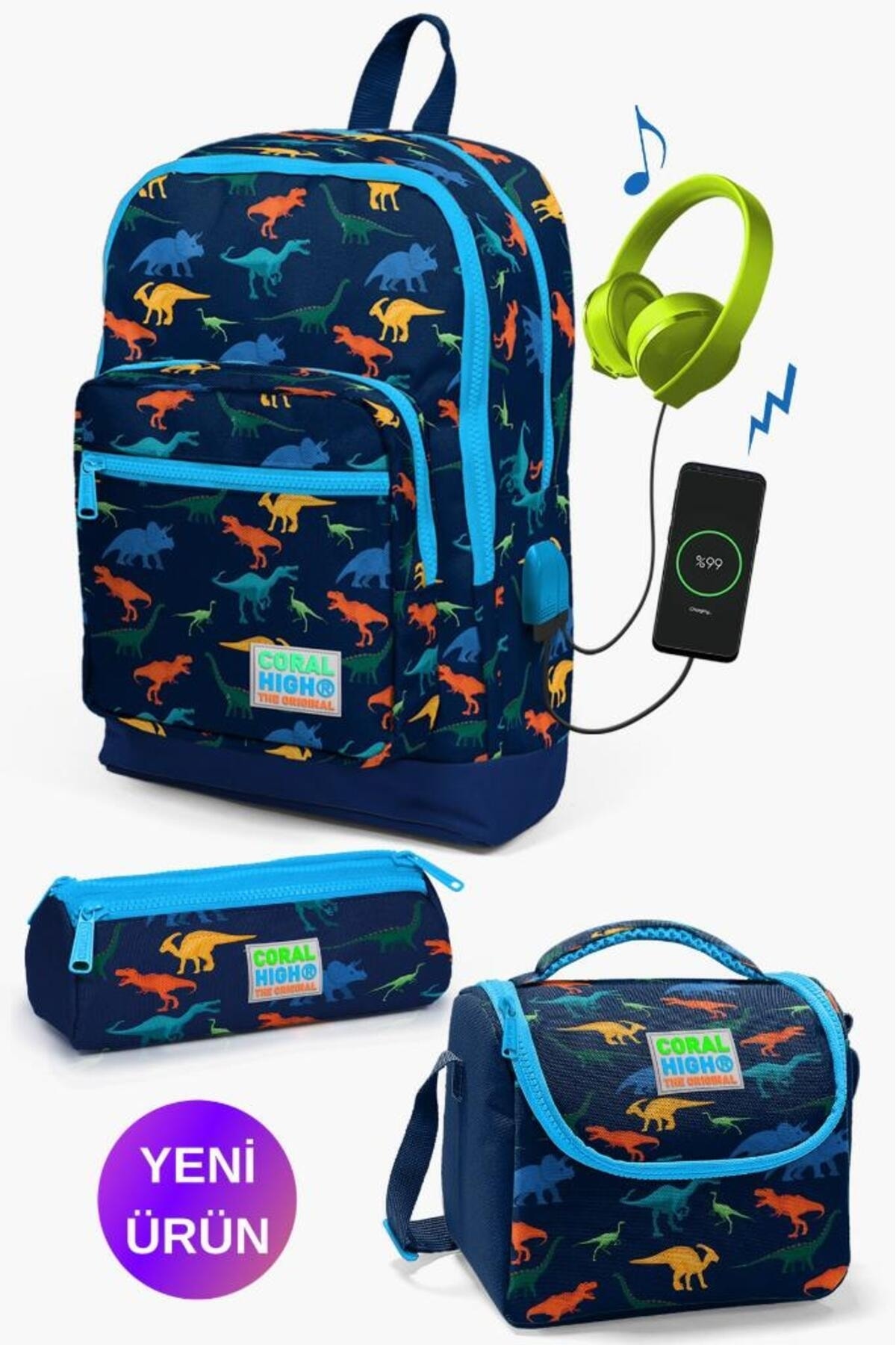 Kids 3-Piece School Bag Set with Navy Blue Dinosaur Pattern USB GOSET0123289