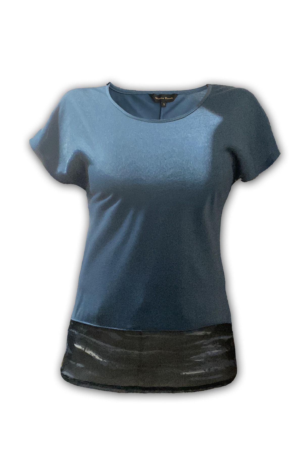 Hidden Beauty-Round Neck Short Sleeve Shiny Fabric Chiffon Detail Slit T-shirt 2