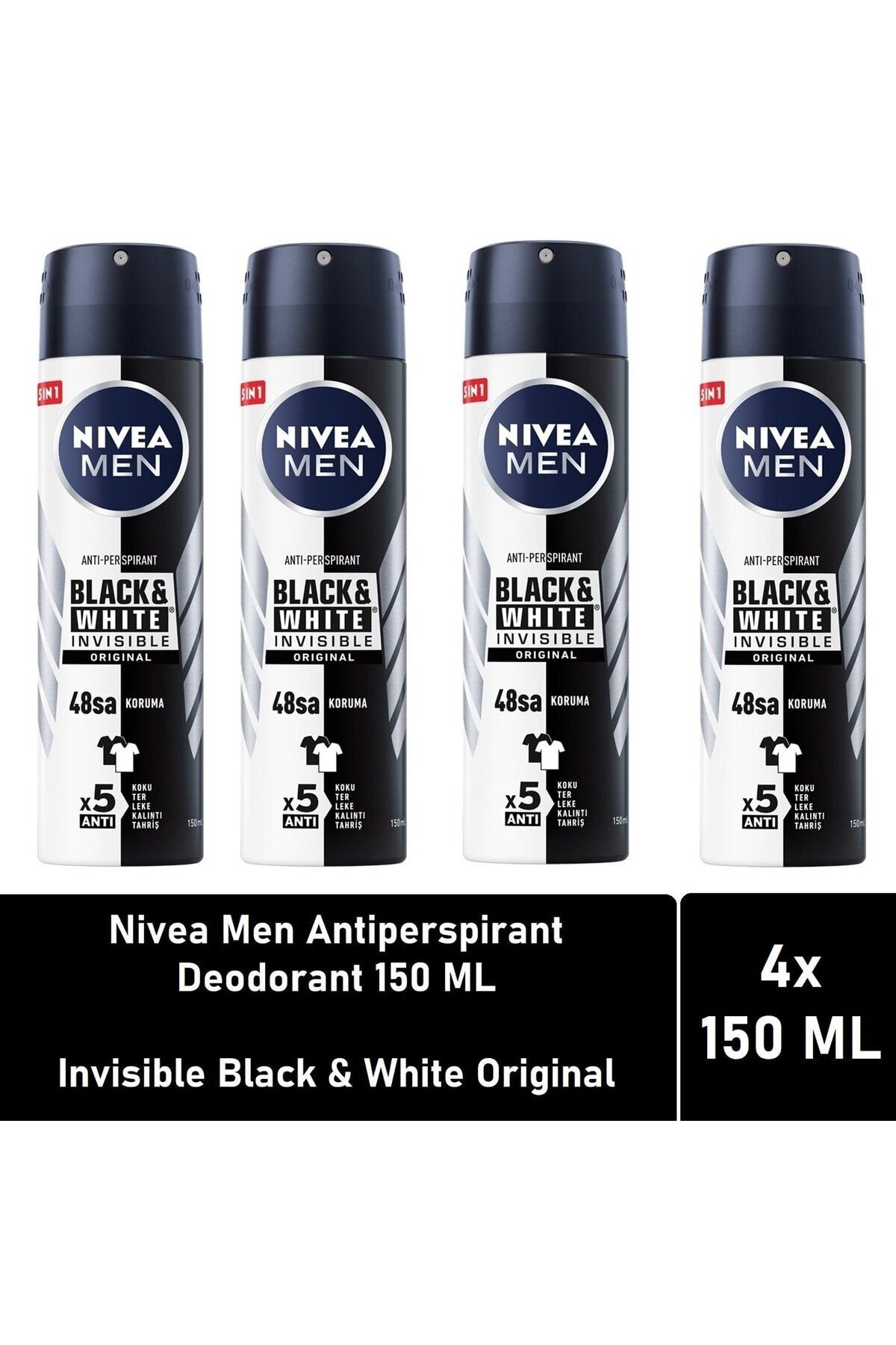 NIVEA ضدعرق مردانه مخفی سیاه و سفید اصل 150 میلی لیتر بسته 4 تایی با مزیت