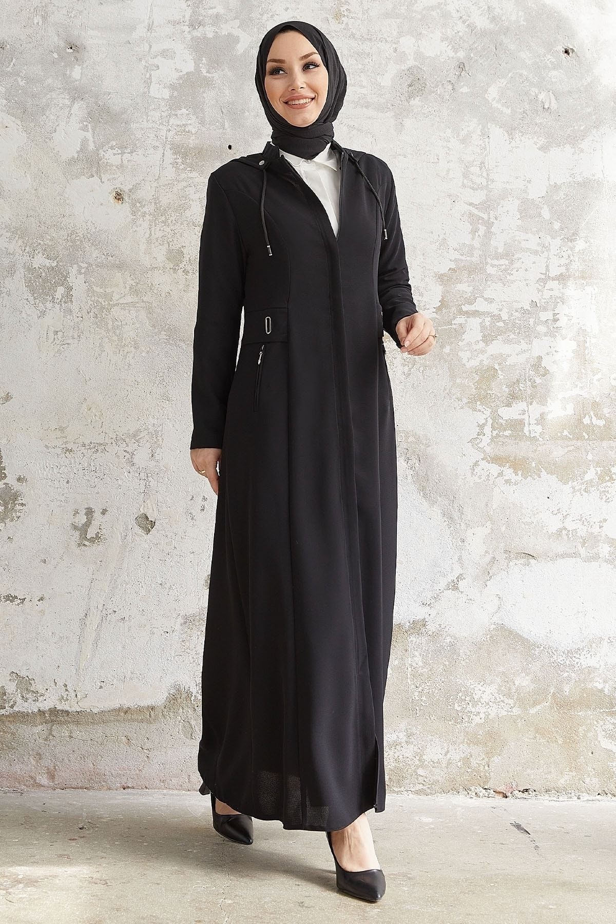InStyle-Elena Waist Detailed Hooded Abaya - Black 1