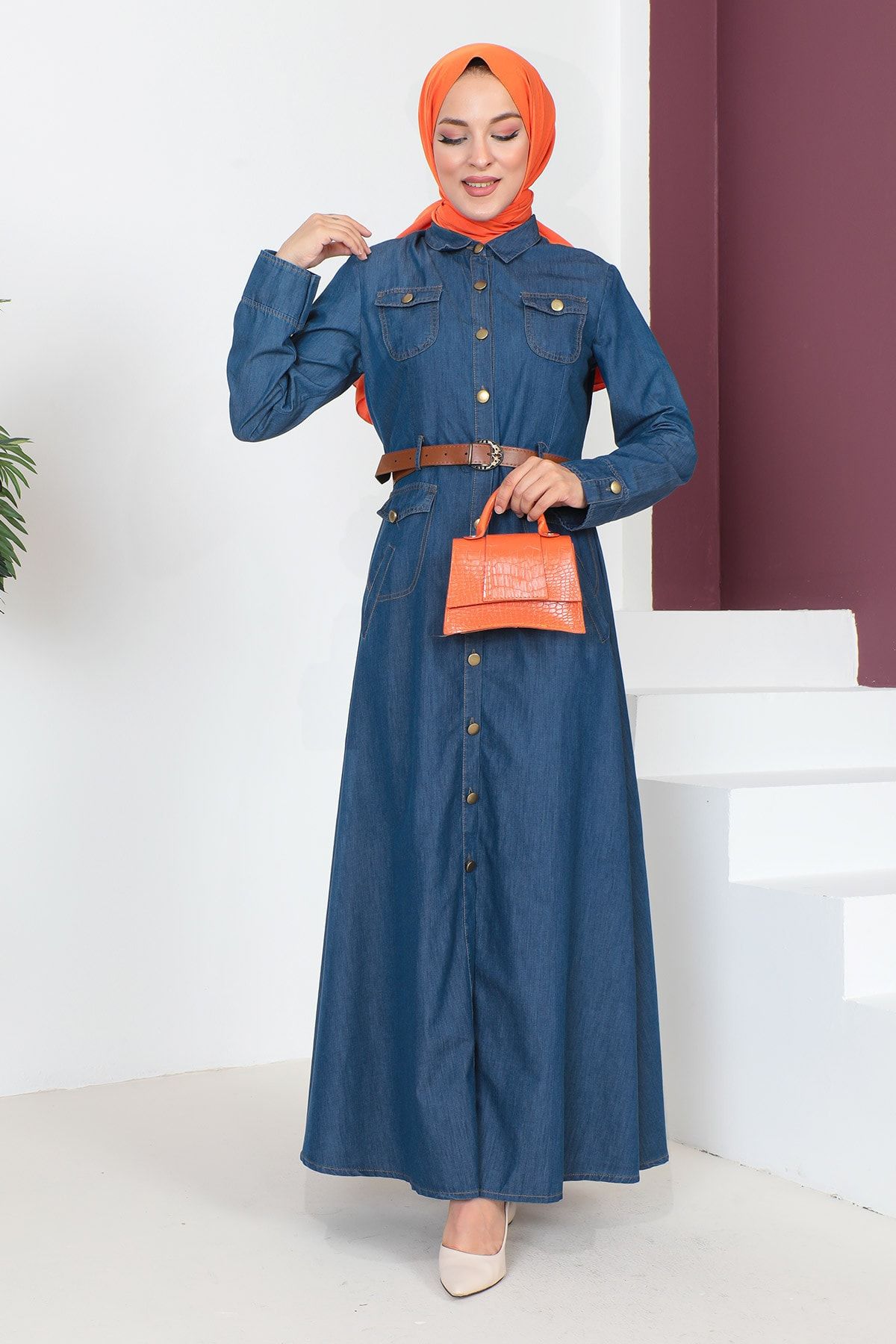 Tesett r D nyas Pocket Detailed Hijab Denim Dress TSD230647 Blue