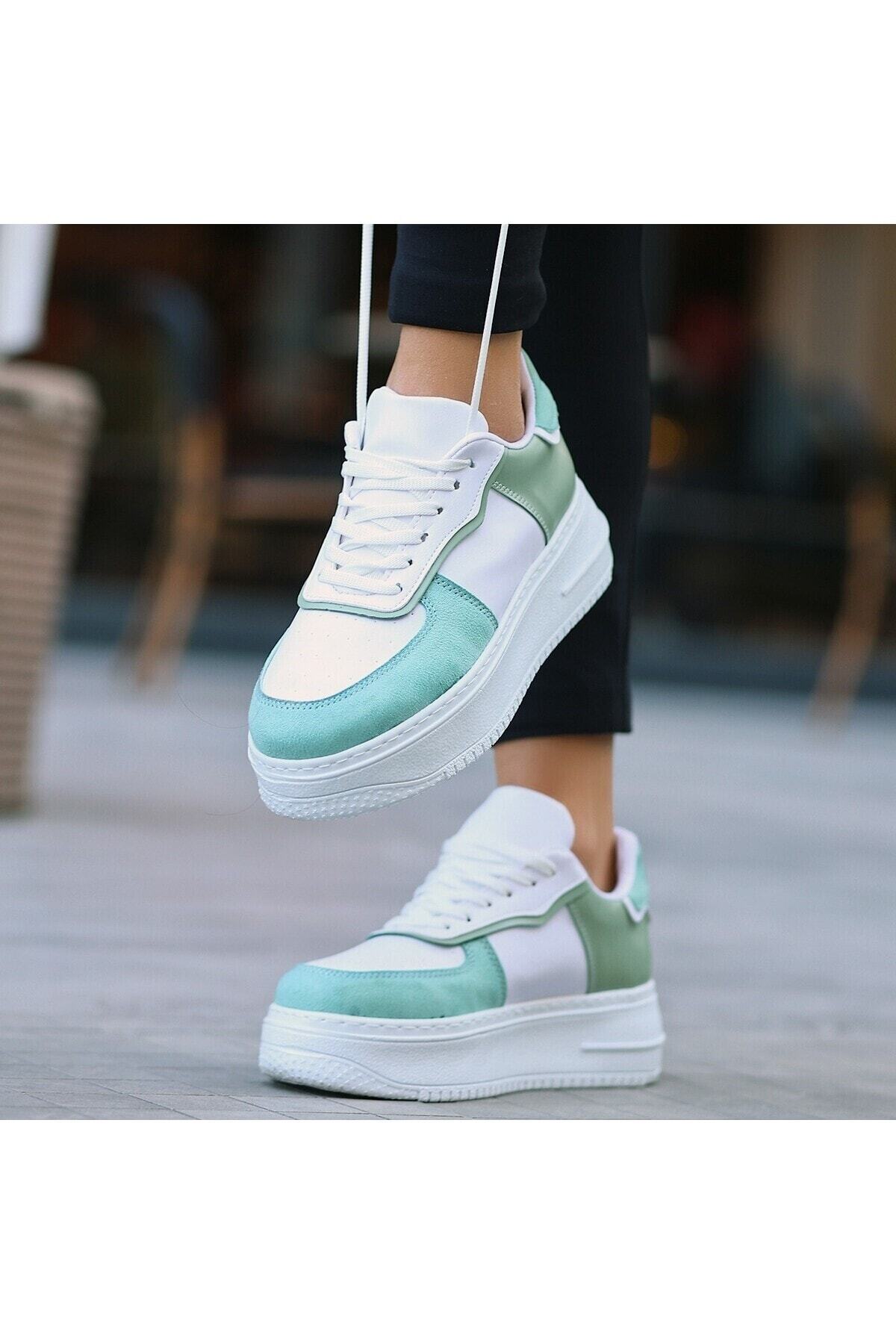 Wondi Beyaz Cilt Yeşil Detaylı Bağcıklı Spor Ayakkabı