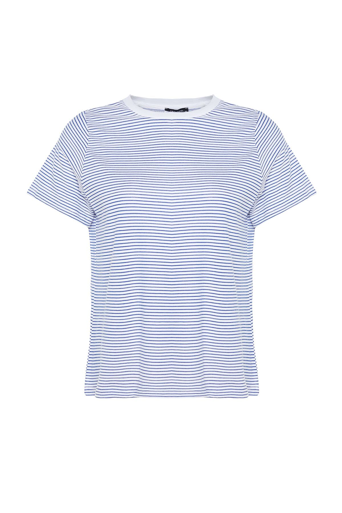 Trendyol Curve-Tricou tricotat cu dungi albastru bleumarin cu decolteu în dungi TBBSS23BF00068 6
