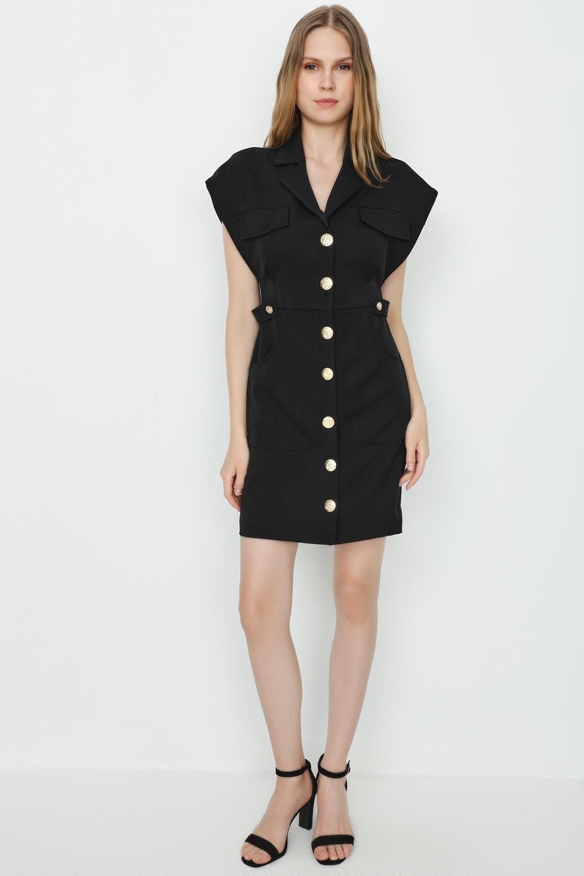 Select Moda Women s Black Woven Button Detailed Shirt Dress Trendyol