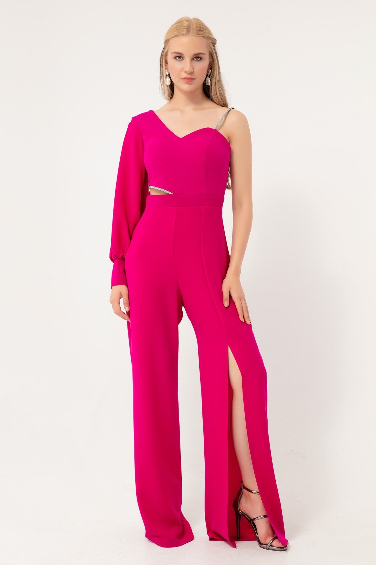 Lafaba Women s Plum Single Sleeve Low cut Evening Dress Jumpsuit