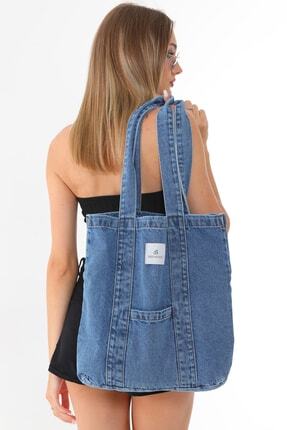 BERYMOOD Mavi Kot Kumaş Şeritli Ve Cepli Bez Omuz & Kolçantası Kanvas Iş Spor Günlük Jean Model Yazlık 40x34