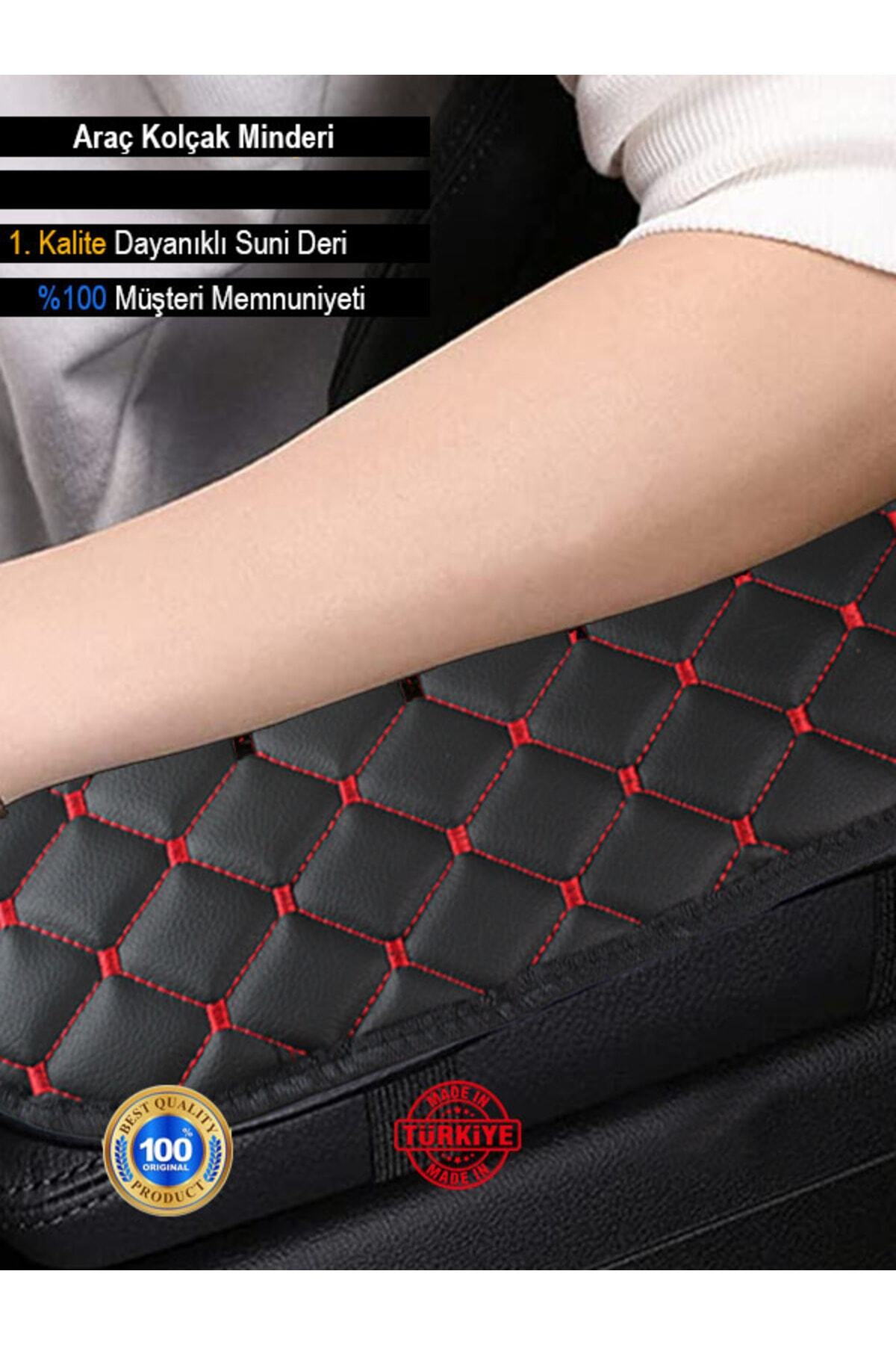 NURYAK Renault Megane 4 2016 ve Sonrası Deri Oto Kolçak Kılıfı Örtüsü Capitone Süngerli Kırmızı Nakışlı