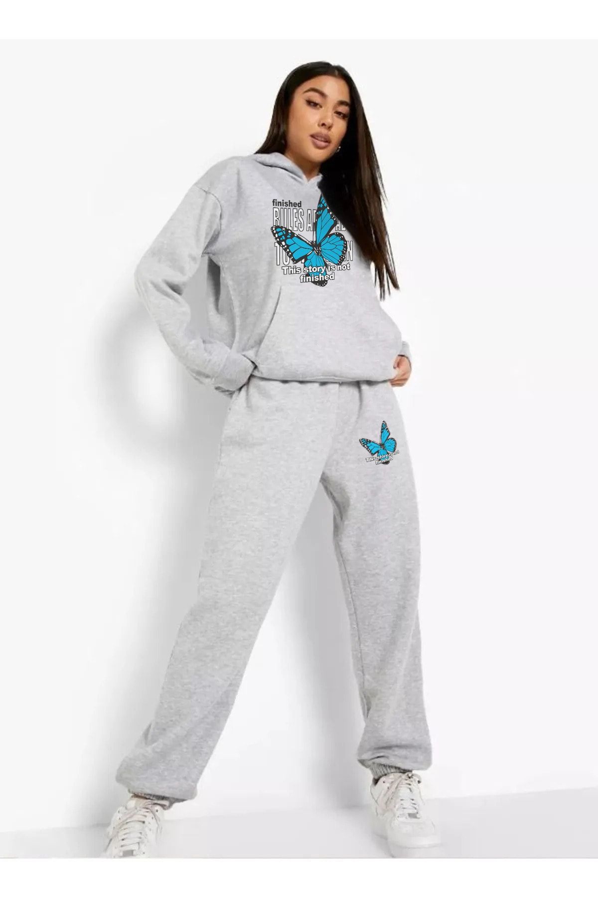 aynewmoda Women s Blue Butterfly Printed Sweatshirt Tracksuit