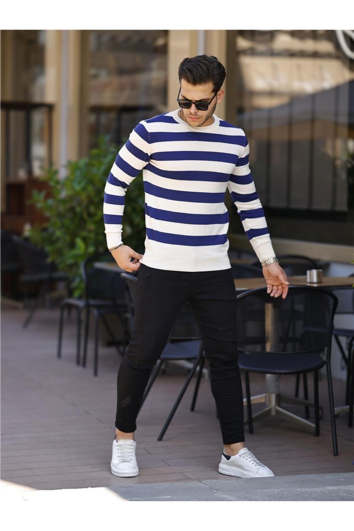 Blue and white online striped sweater mens