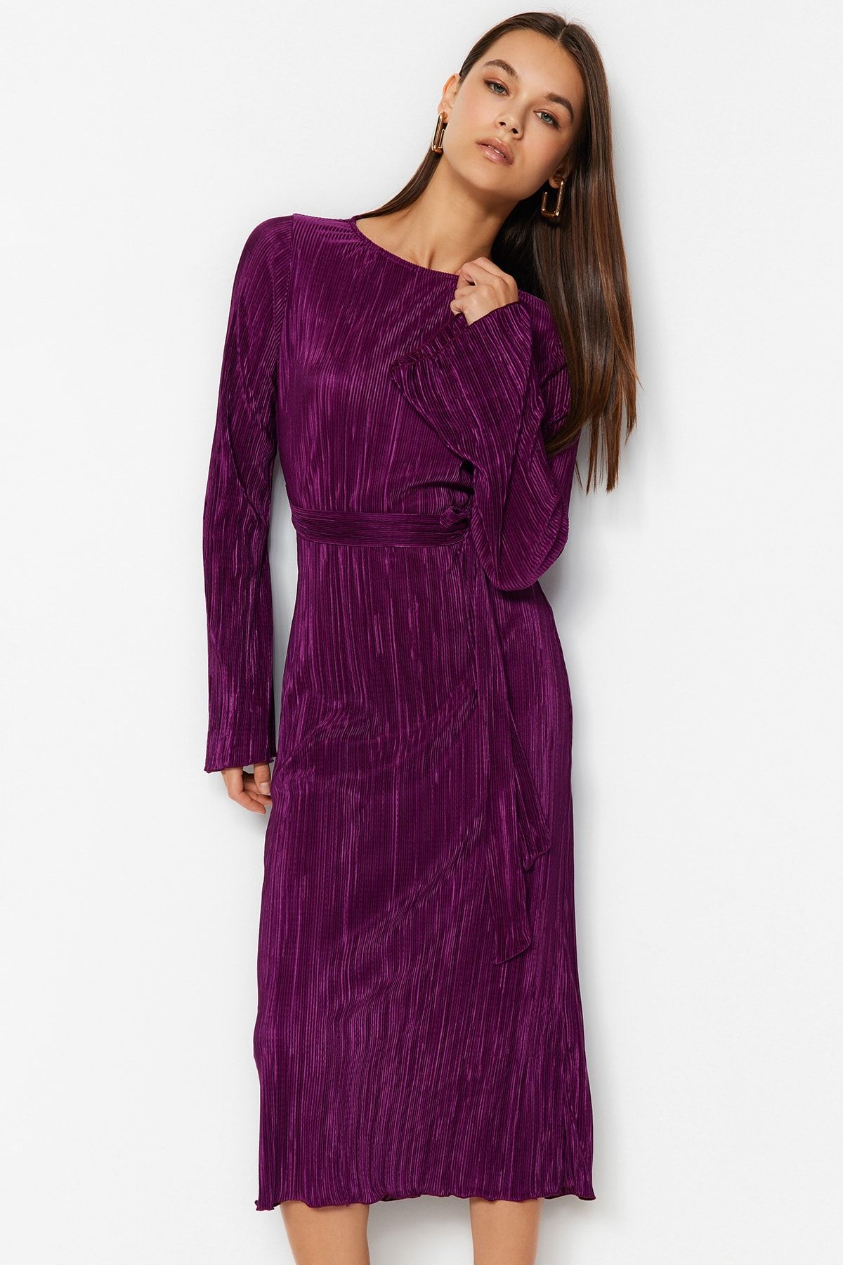 Trendyol Collection-Lila Premium-Faltenstoff, ausgestellte Ärmel, detailliertes A-Linien-Midi-Strickkleid TWOAW24EL00125 5