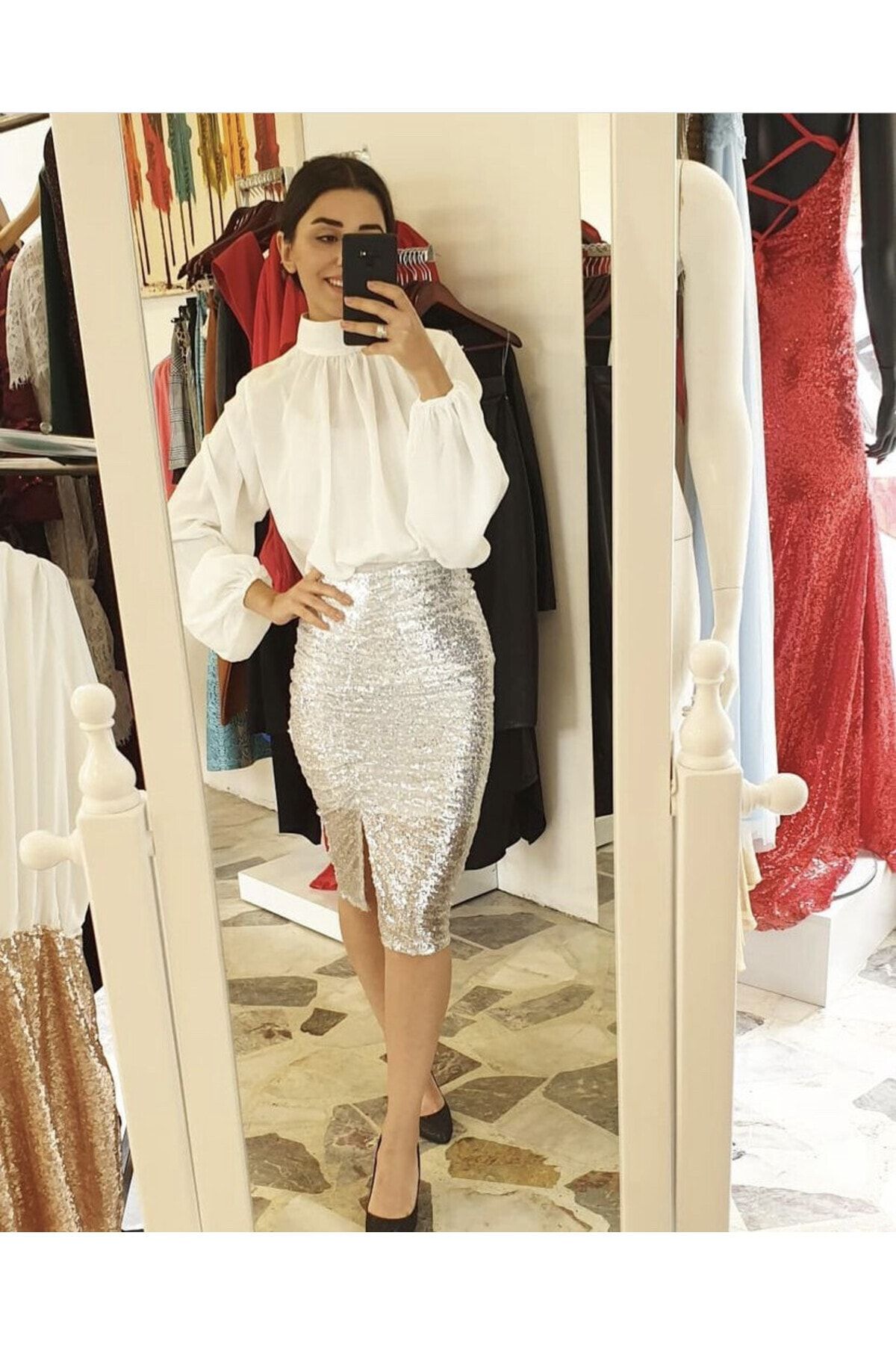 serpildinc-Design Chiffon Blouse and Sequin Pencil Skirt Set 1
