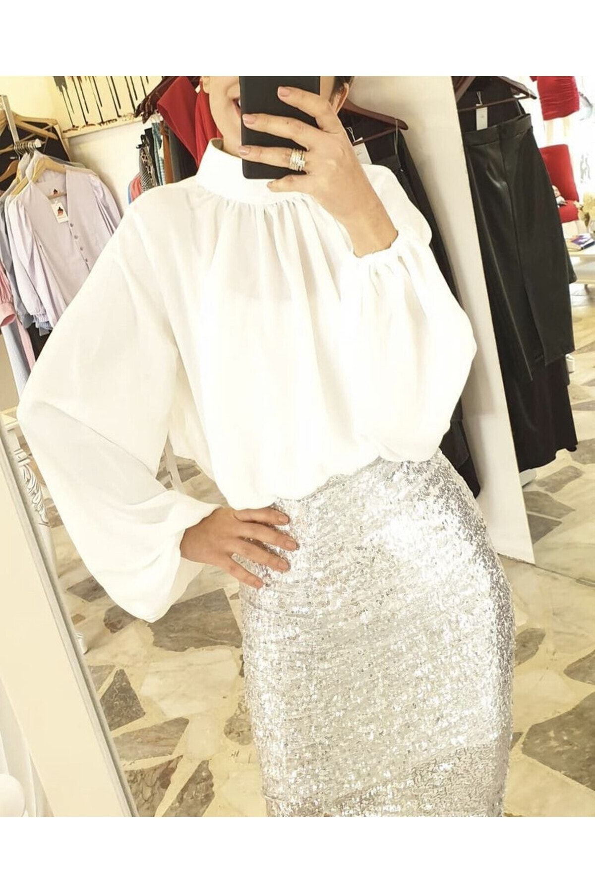 serpildinc-Design Chiffon Blouse and Sequin Pencil Skirt Set 3