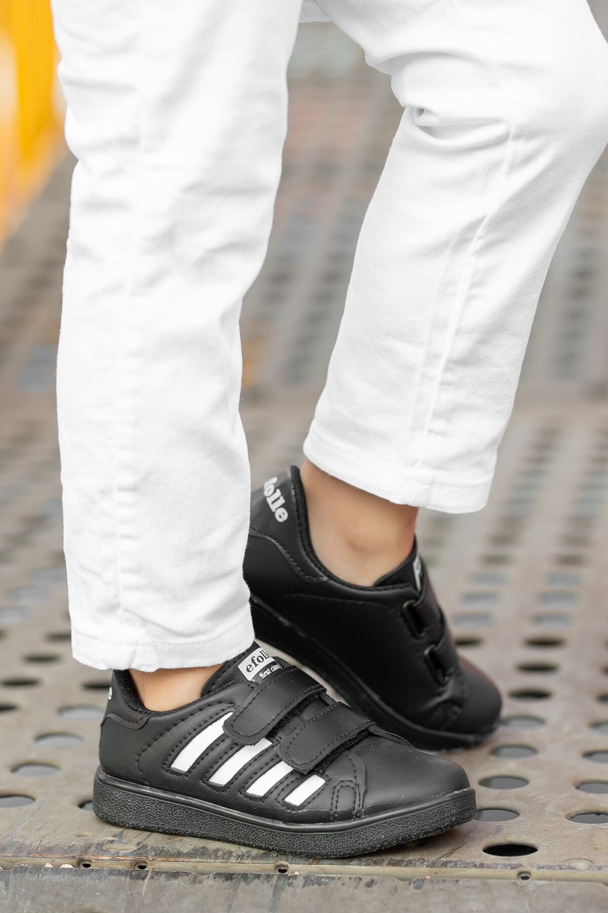 BOUIS Çocuk Unisex Siyah Beyaz 4 Band Cırtlı Rahat Nefes Alır Günlük Şık Spor Ayakkabı Sneaker fotoğrafı 2 (önizleme)