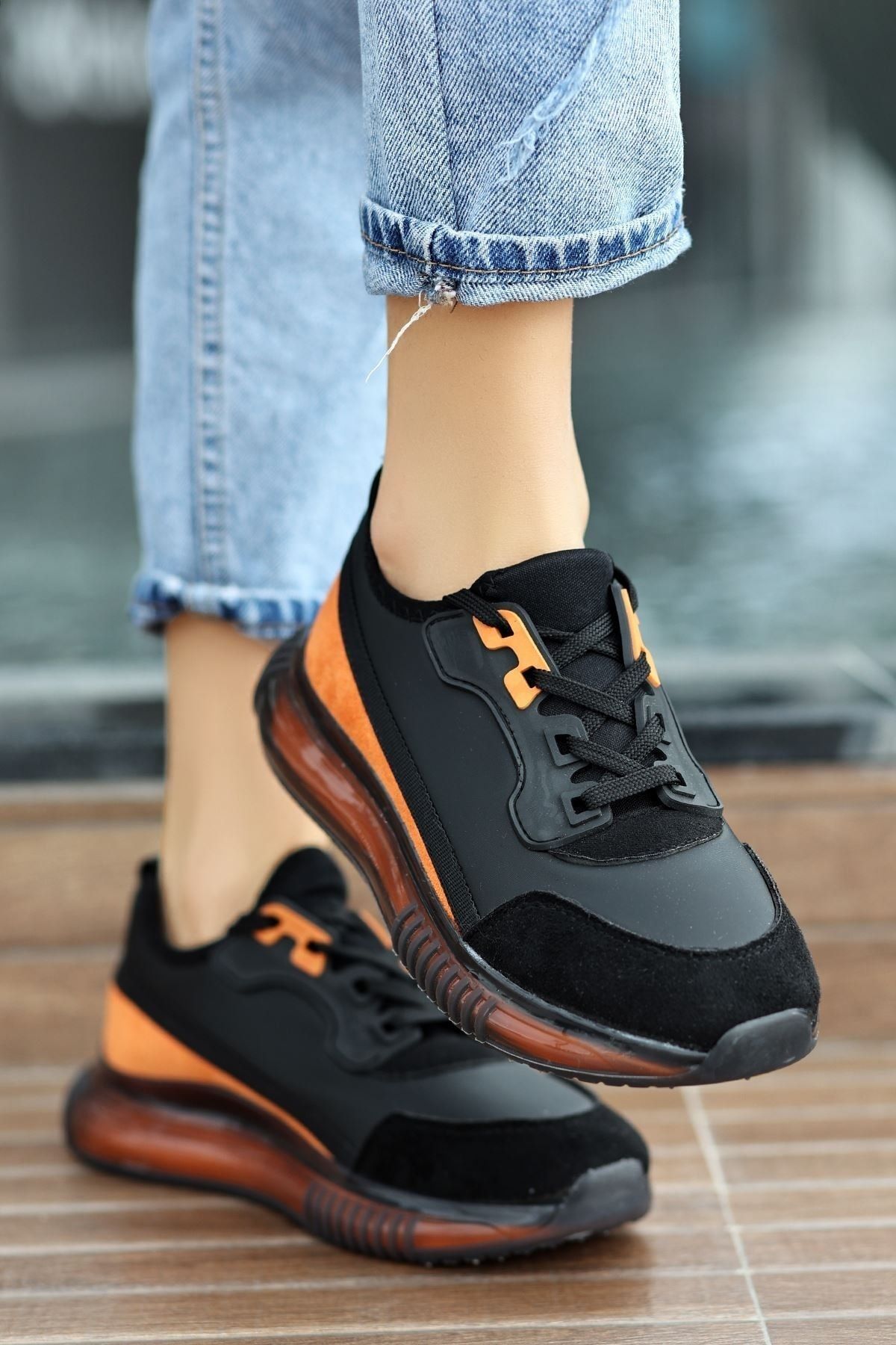 otuzbesshoes Nature Orange Pieced Air Sole Detailed Women s Sports Shoes Black Trendyol