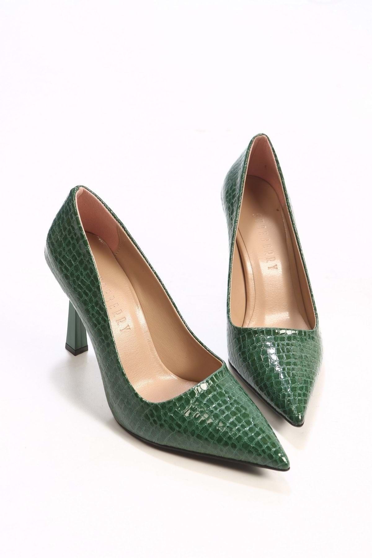 Shoeberry Women s Plexi Green Crocodile Patent Leather Heeled