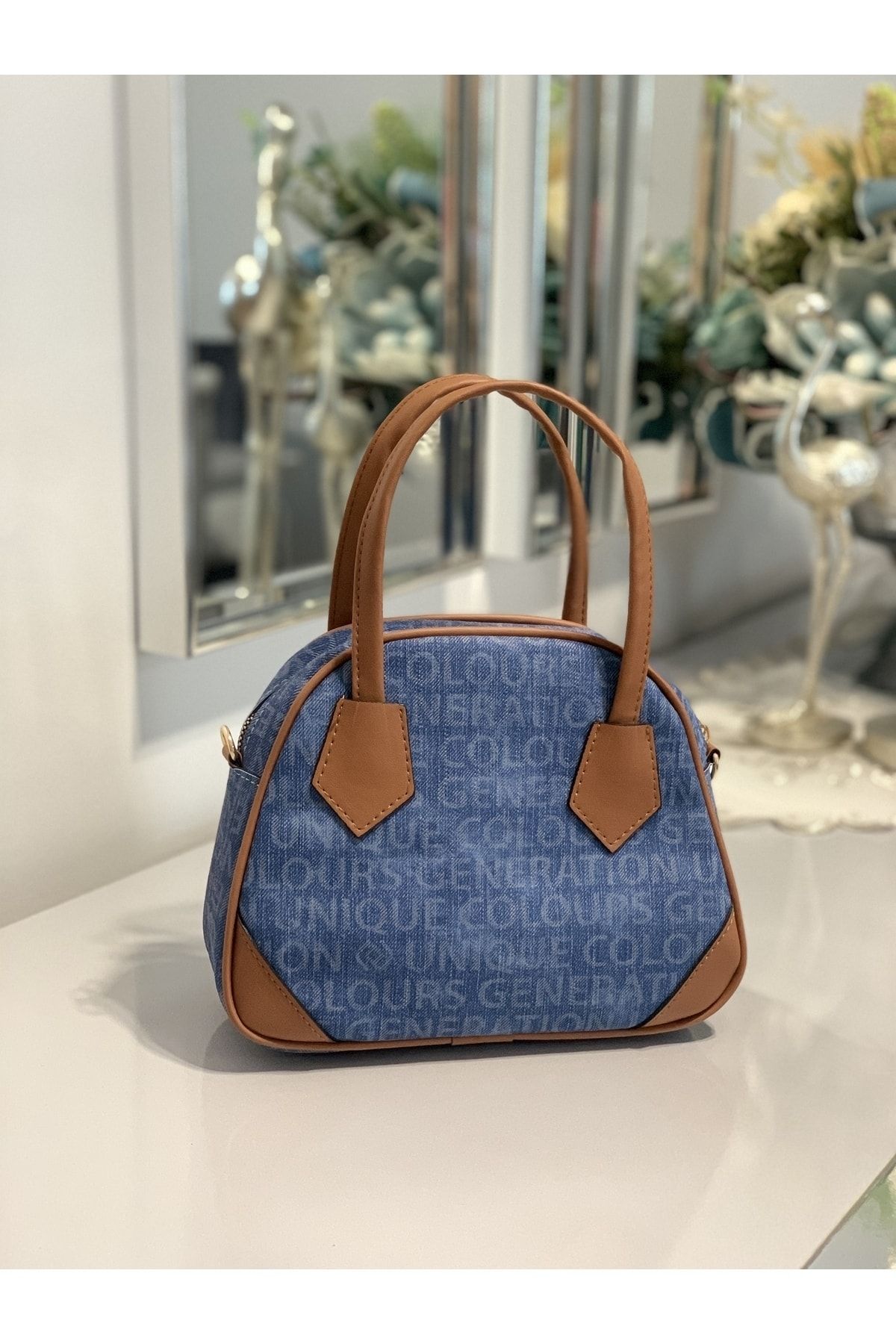 Denim best sale leather bag