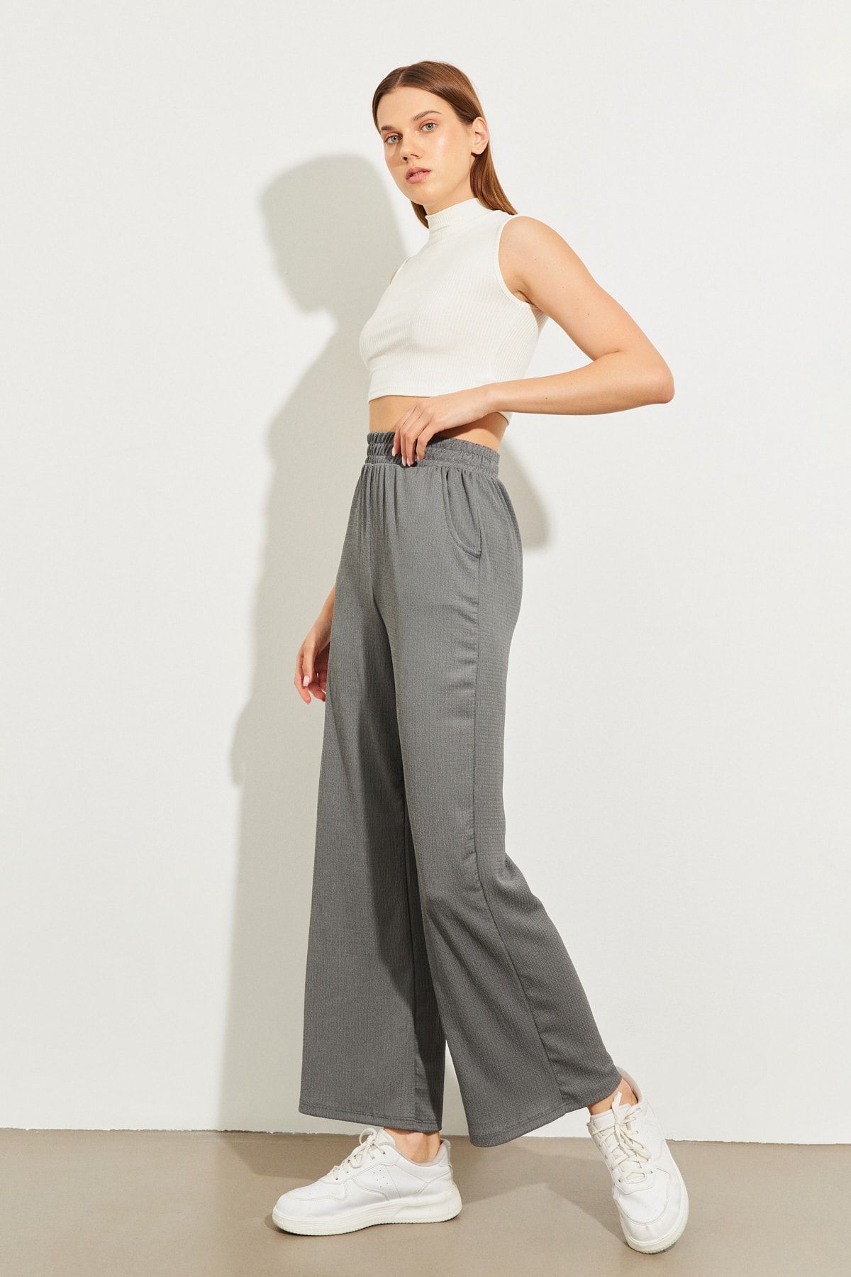 Yefrastore Gray Elastic Waist Double Pocket Wide Leg Wrinkled