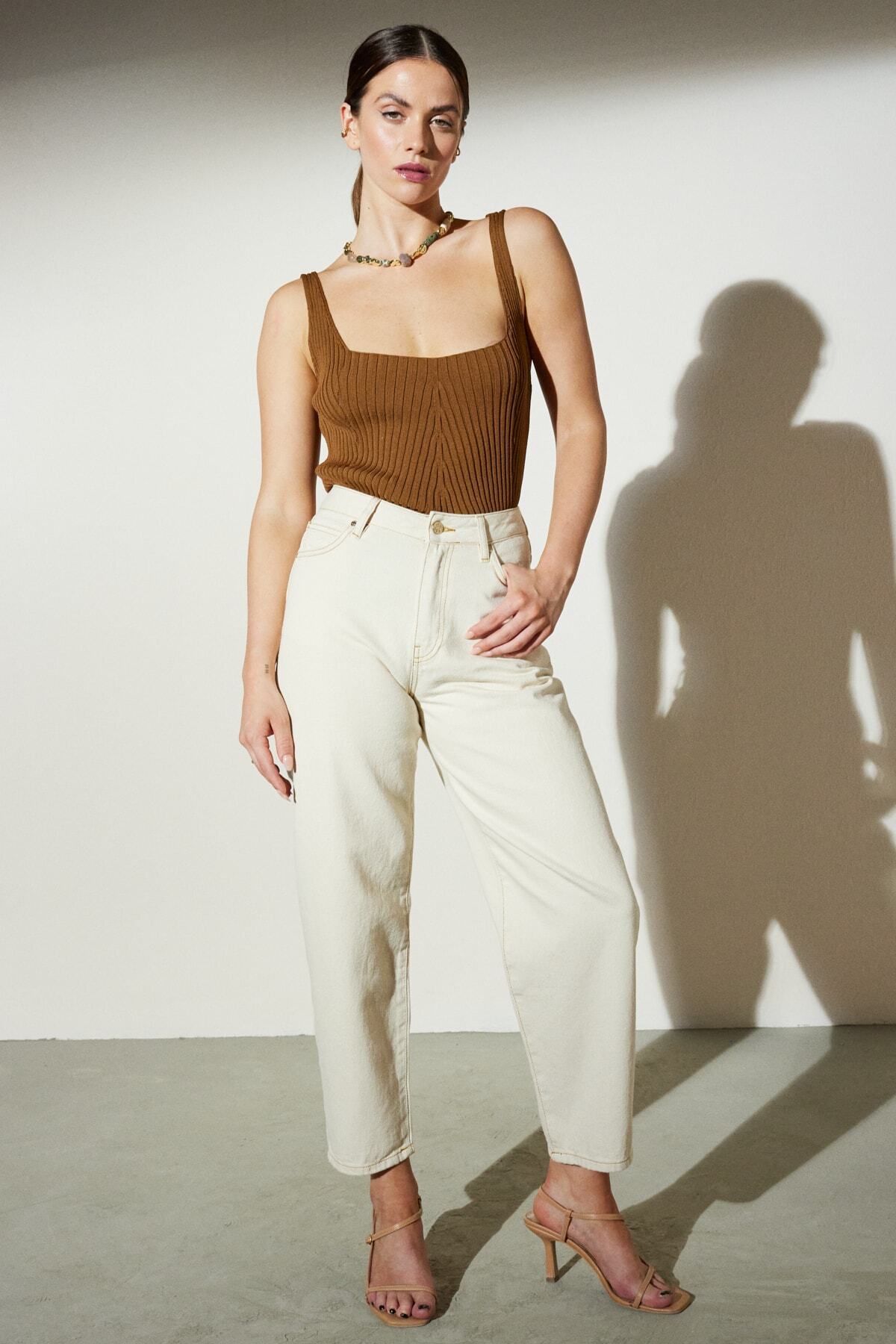 BROOKS BROTHERS Kadın Bej Yüksek Bel Denim Pantolon