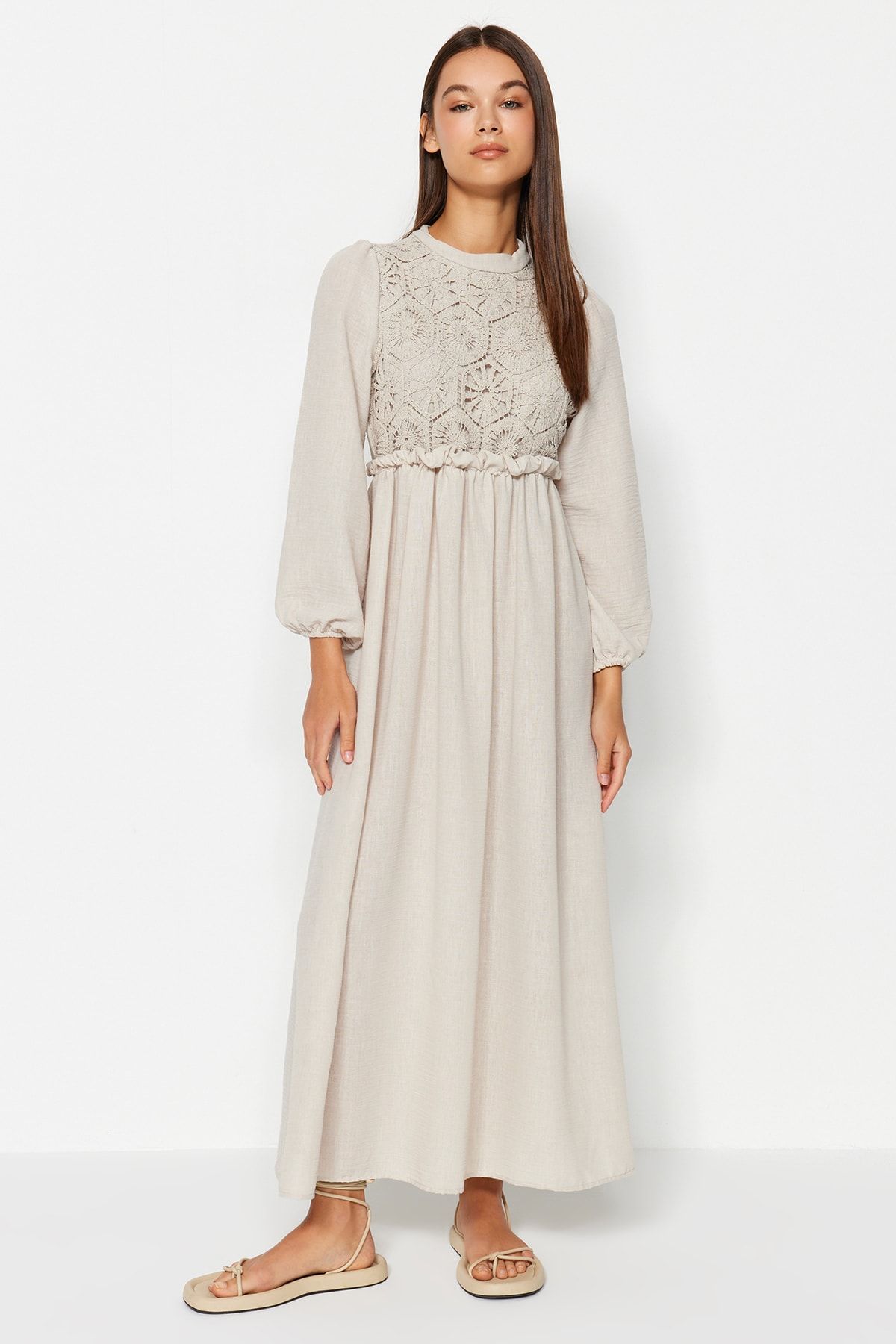 Trendyol Modest-Stone Guipure/Fisto Detail Woven Dress Tctaw24Eb00110 3