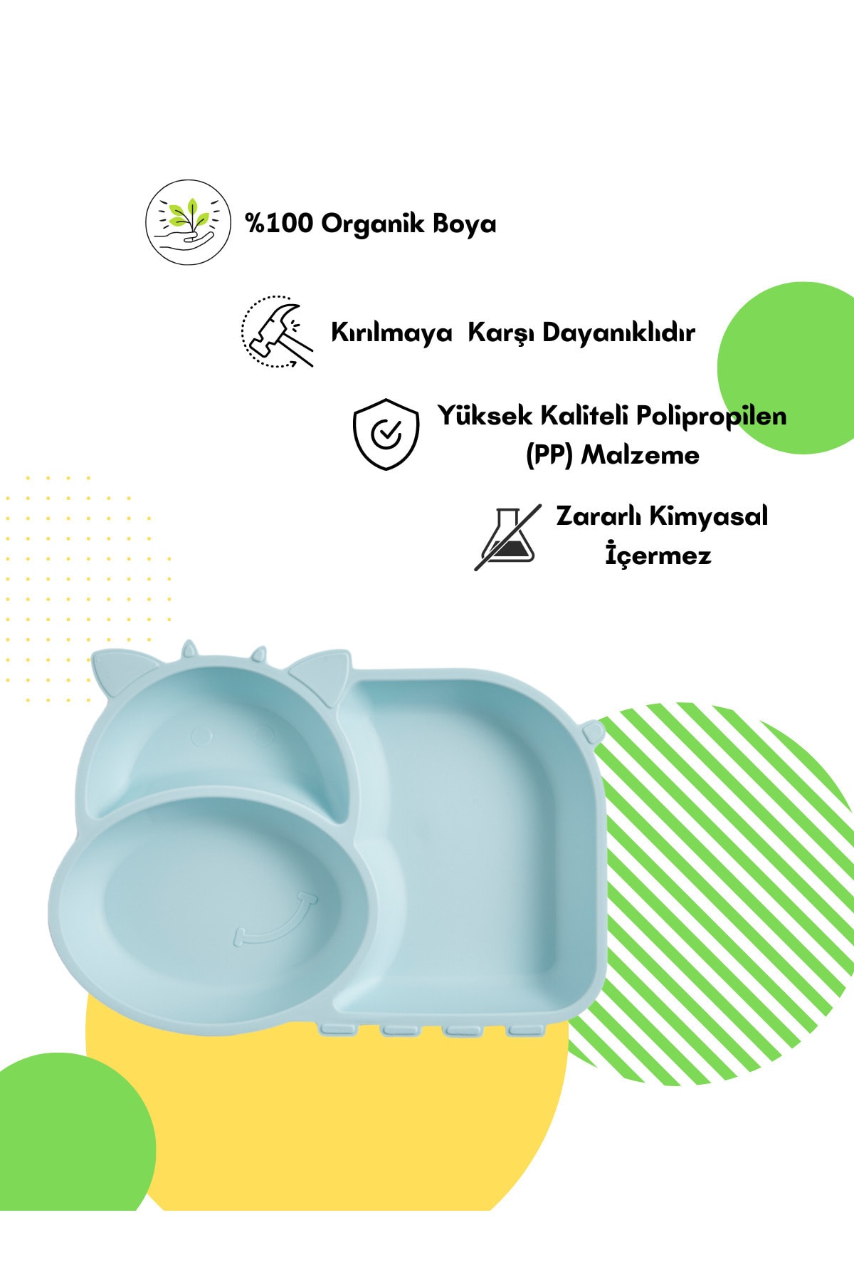 Flybee Sevimli İnek Lolo 3 Bölmeli Eğlenceli Beslenme Tabağı, Mama Tabağı, Çatal Kaşık Seti - Yeşil fotoğrafı 2 (önizleme)