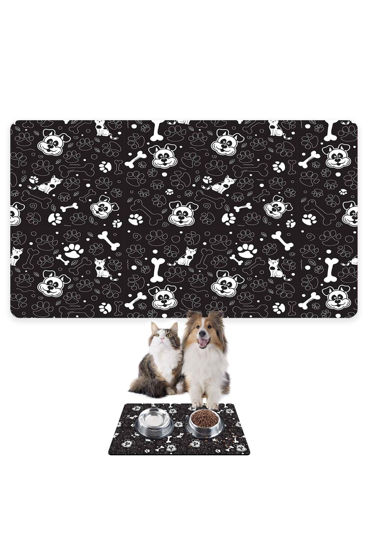 Monnhein Mama Ve Su Evcil Hayvan Beslenme Matı, Kolay Temizlenir, Su Geçirmez (50X35, SİYAH KÖPEK MAT)