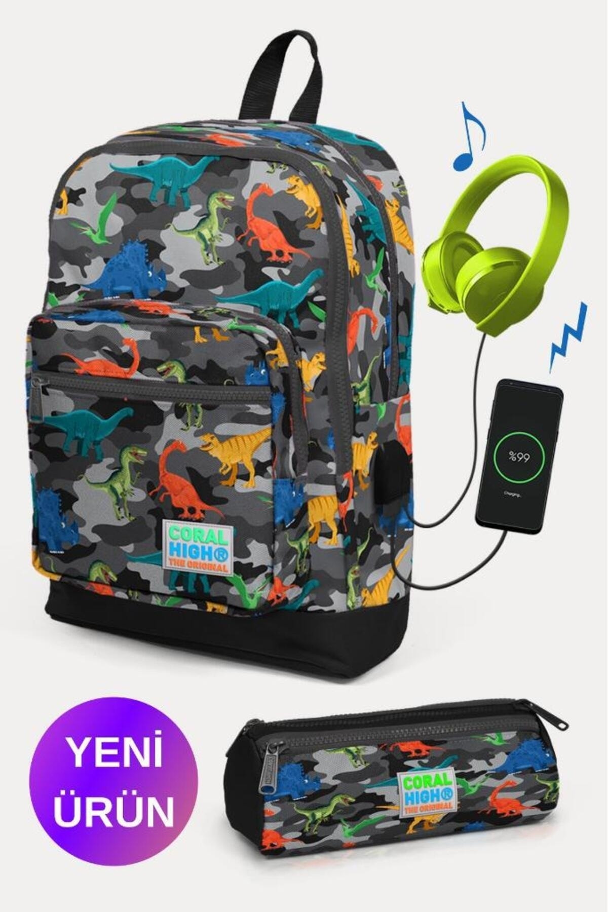 Kids Dark Gray Black Camouflage Dinosaur Pattern 2-Piece School Bag Set with USB GOSET0223286