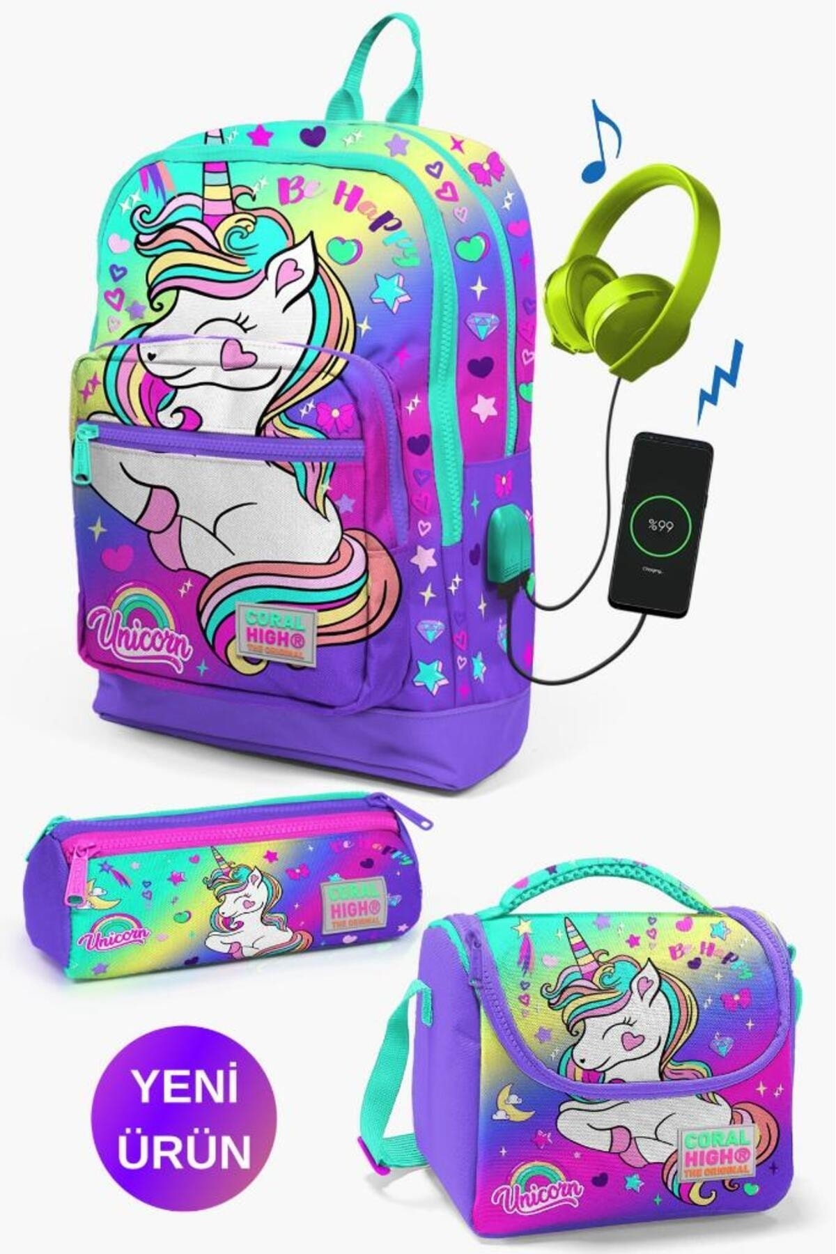 Kids Lavender Sea Green Unicorn 3-Piece School Bag Set with USB GOSET0123829