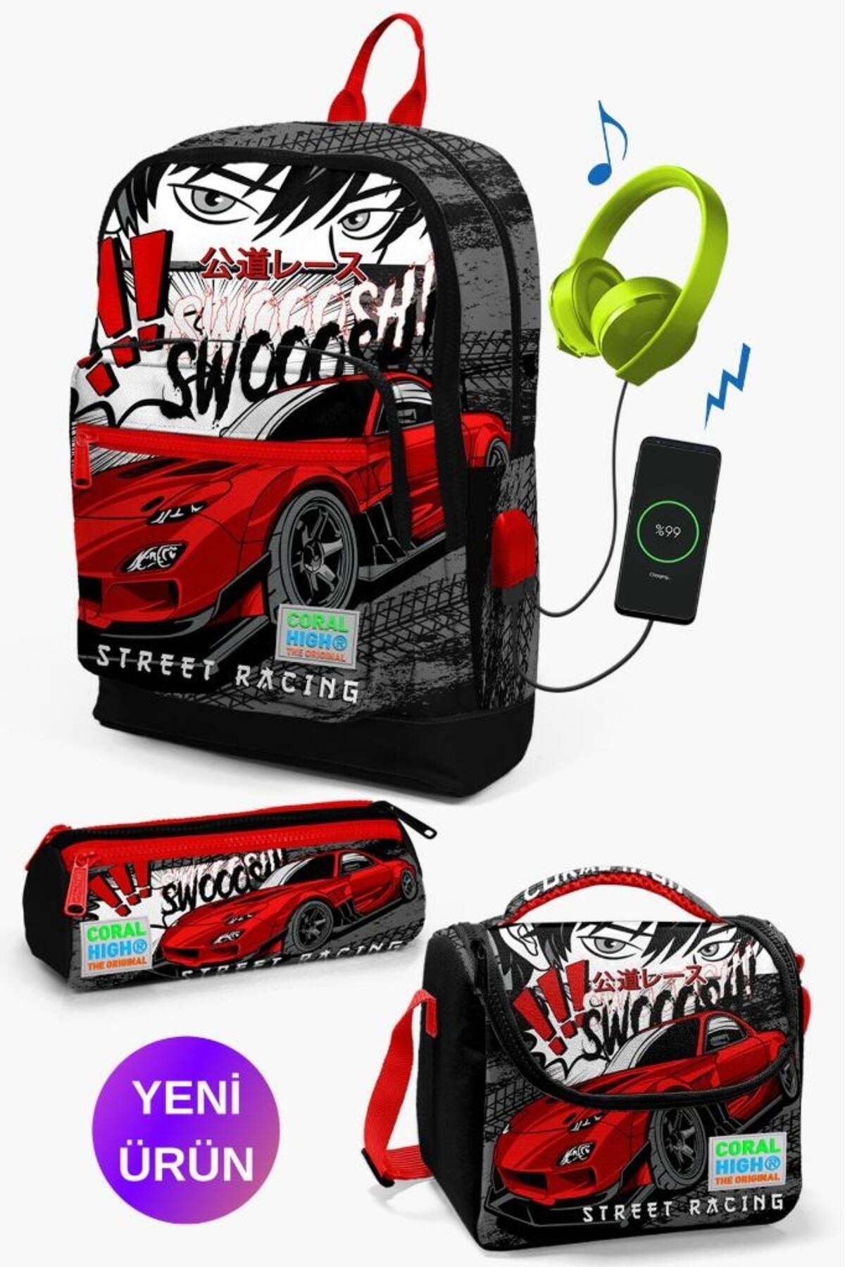 Kids Black Red Anime Car Pattern 3-Piece School Bag Set with USB GOSET0123847