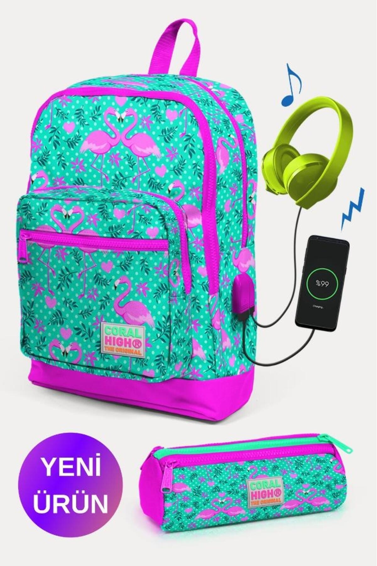 Water Green Pink Flamingo 2-Piece School Bag Set with USB GOSET0223812