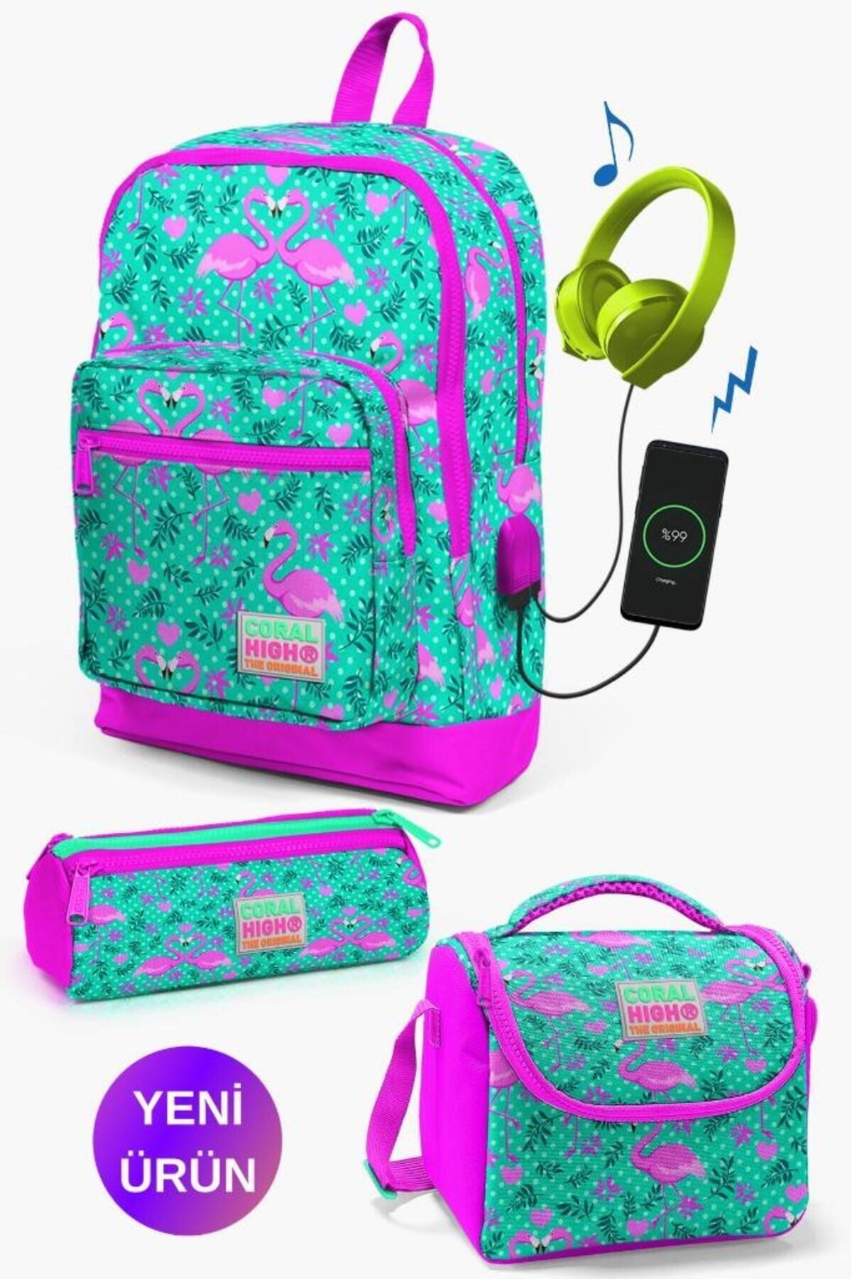 Kids Water Green Pink Flamingo 3-Piece School Bag Set with USB GOSET0123812