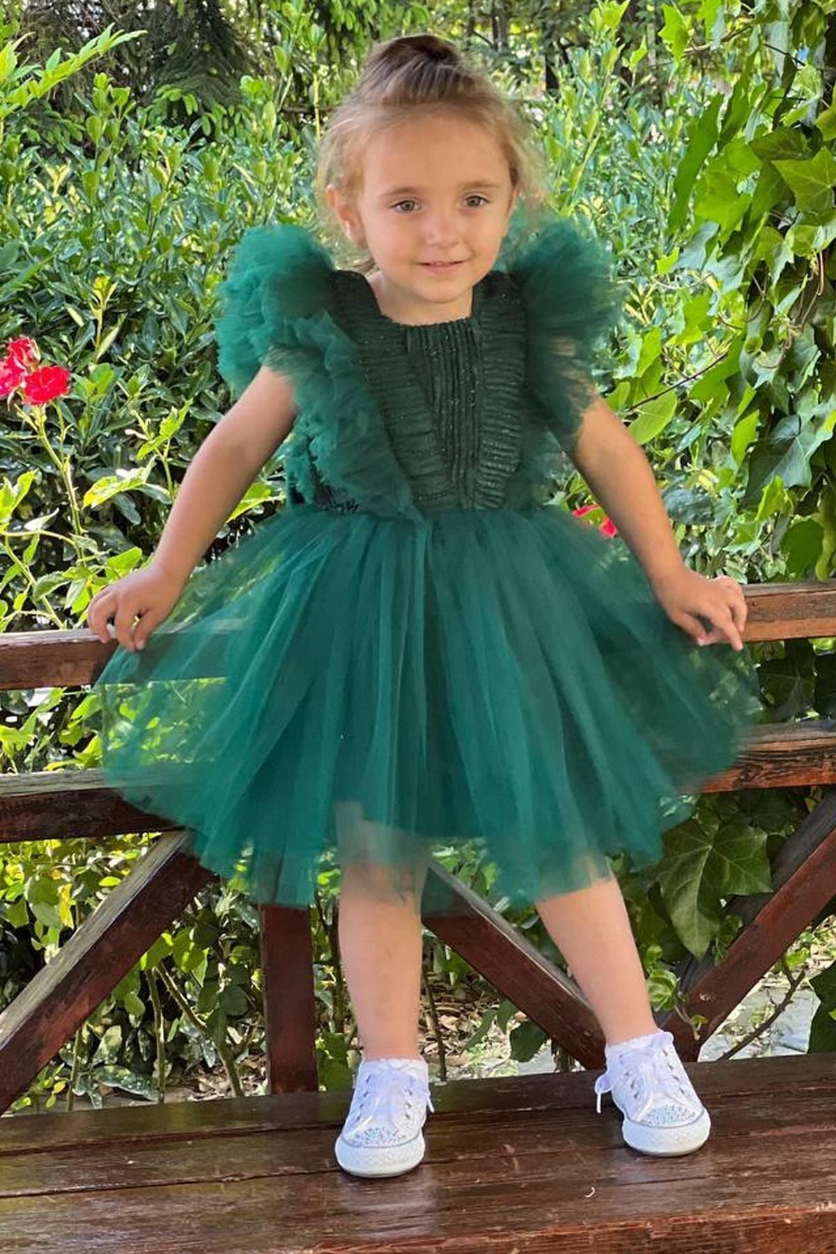 Riccotarz Grünes Kleid aus Mädchen mit Tüll für und Trendyol Schleife - glitzernder Nullärmeln